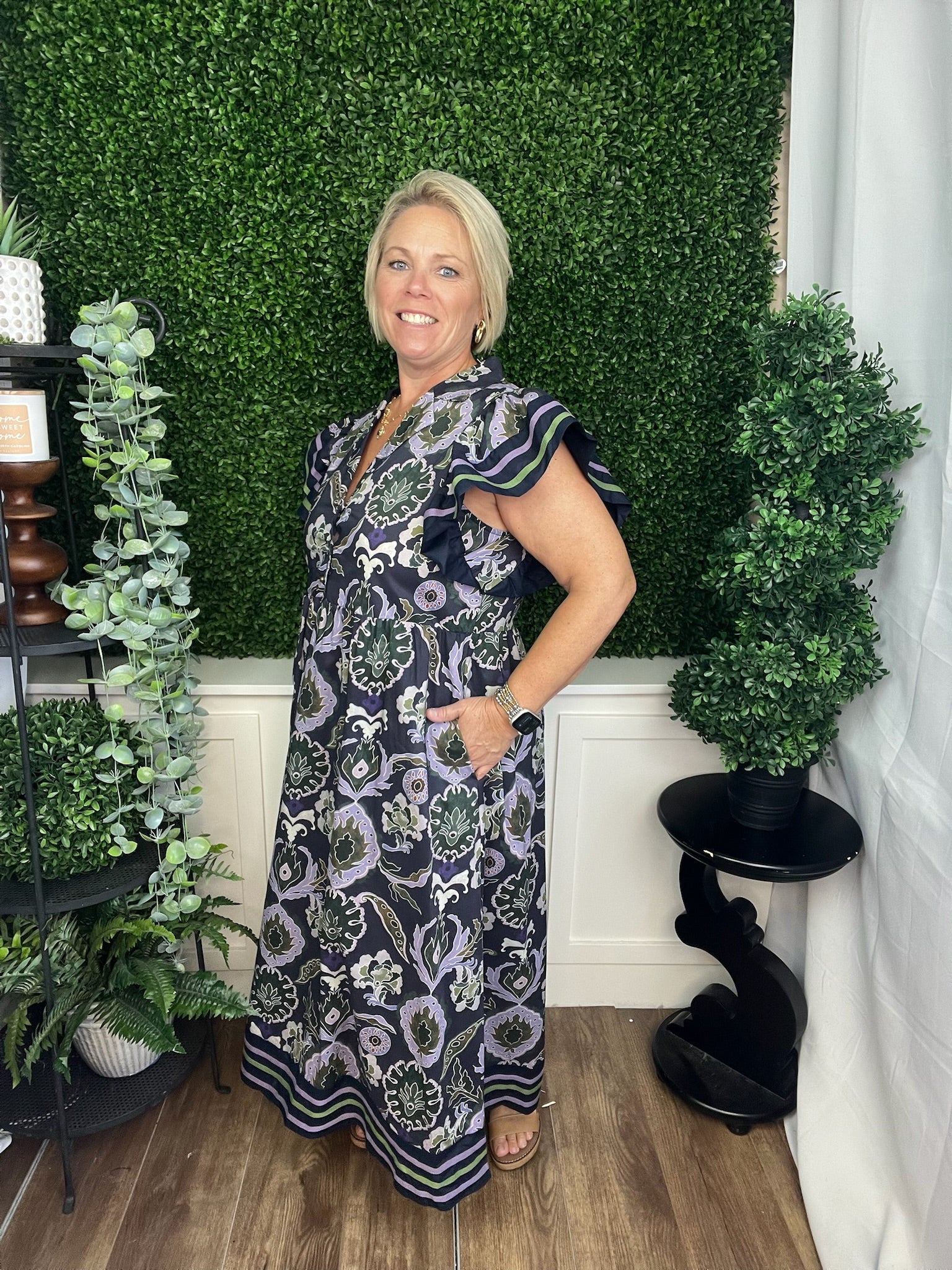 MULTI PRINT MIDI DRESS W/FLUTTER SLEEVES - NAVY