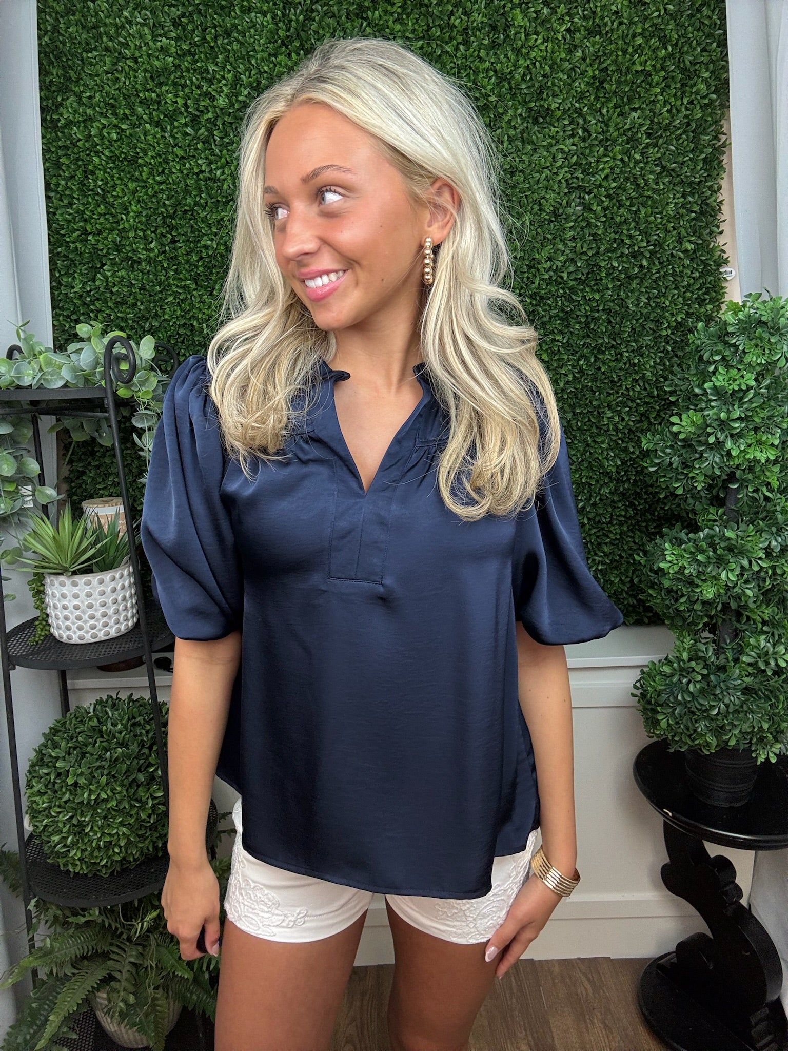 Navy Puff Sleeve Blouse