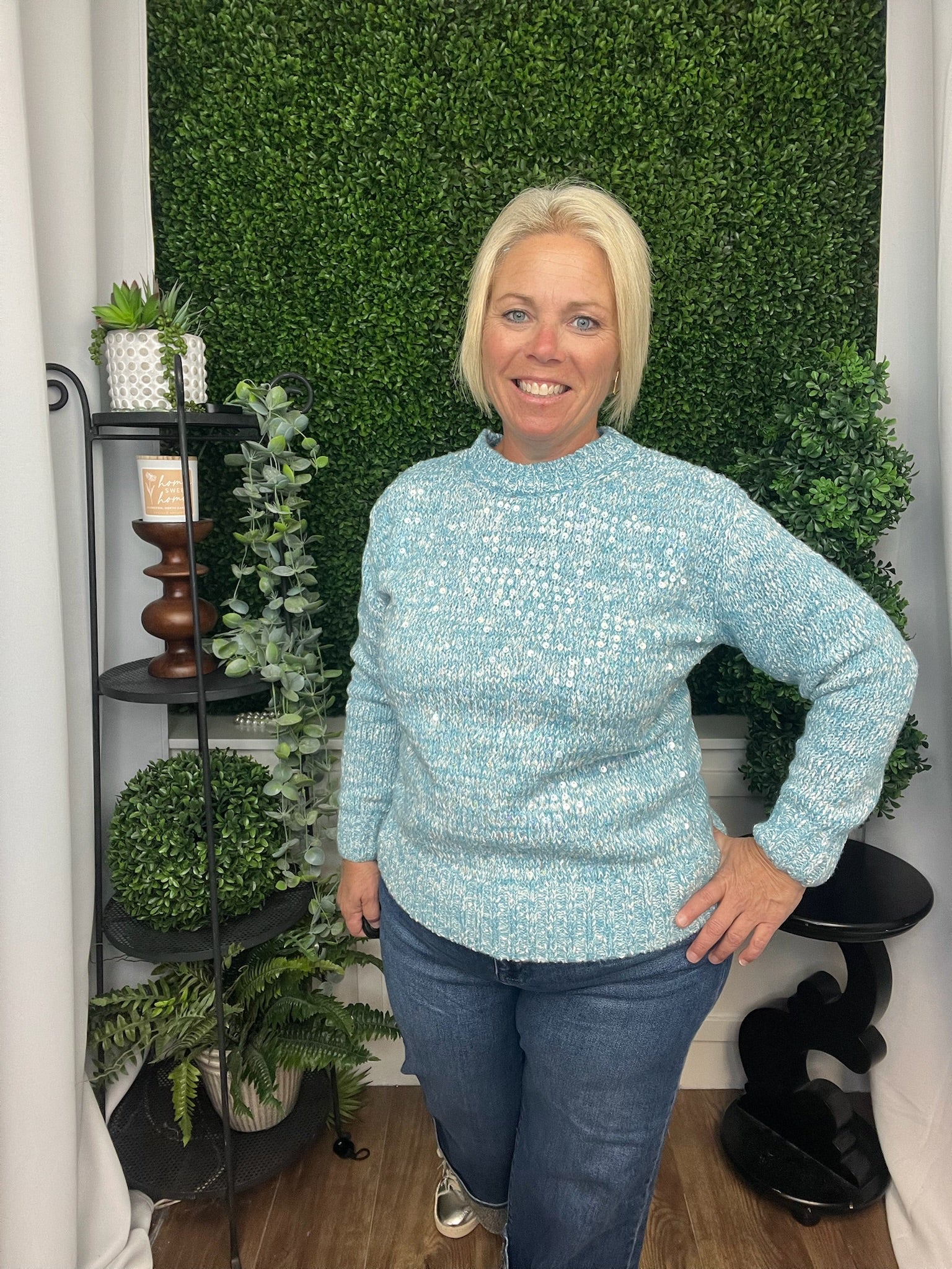 LONG SLEEVE CLEAR SEQUIN SWEATER - LIGHT BLUE