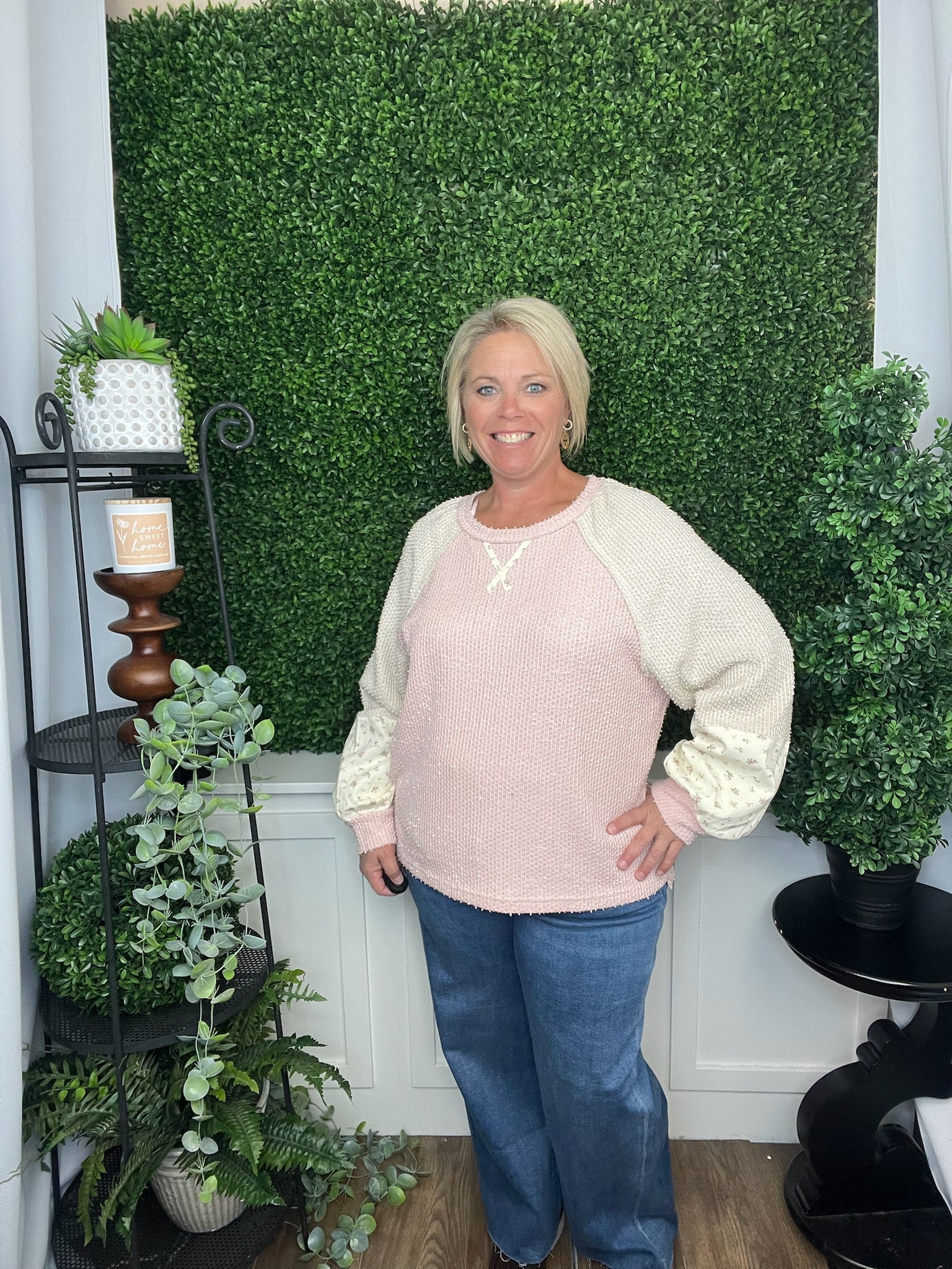 RAGLAN SLV COLOR BLOCK CASUAL KNIT TOP - BABY PINK