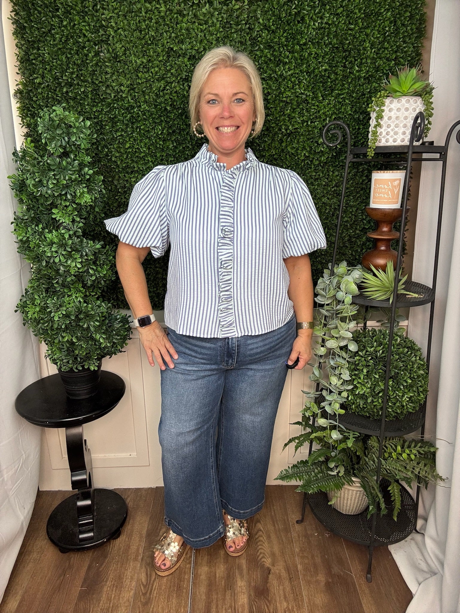 Seafom Stripe Ruffle Front Blouse