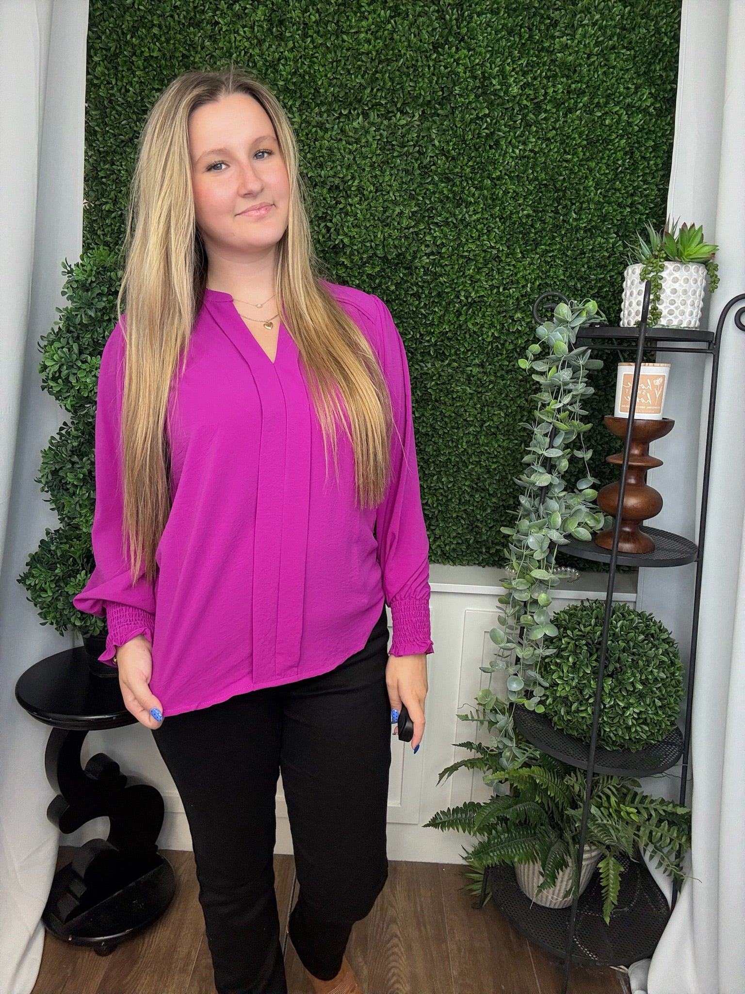 LONG SMOCKED SLEEVE FRONT PLEATS TOP