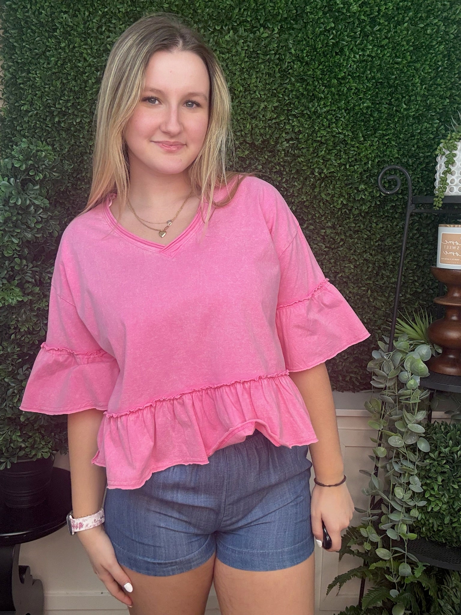 Pink Solid Washed Ruffle Hem Knit Top