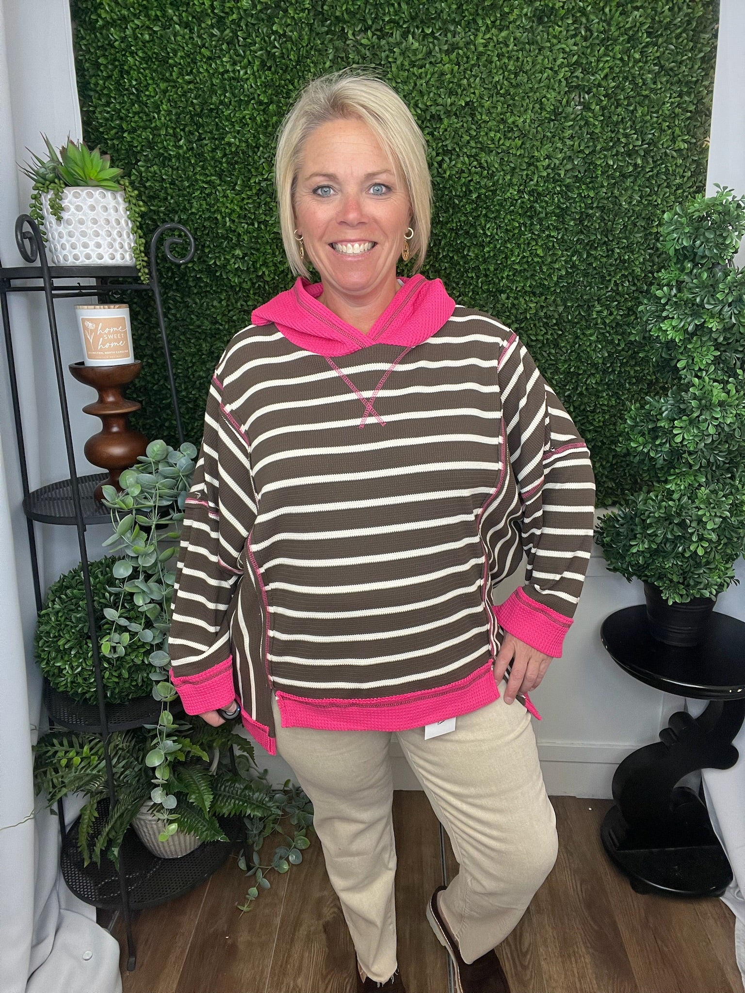 THERMAL STRIPE COLORBLOCK HOODIE - BROWN