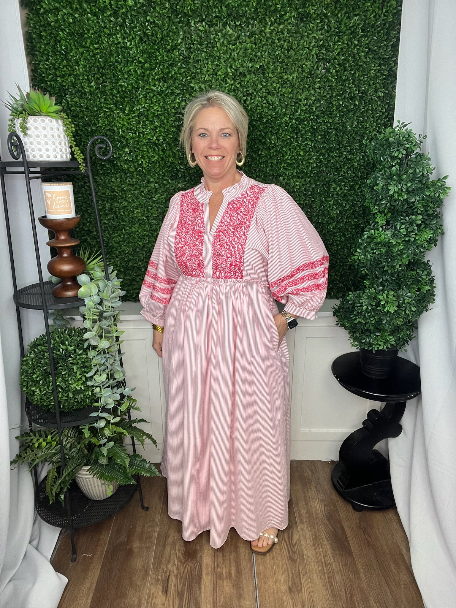 EMBROIDERED STRIPE MIDI DRESS - HOT PINK