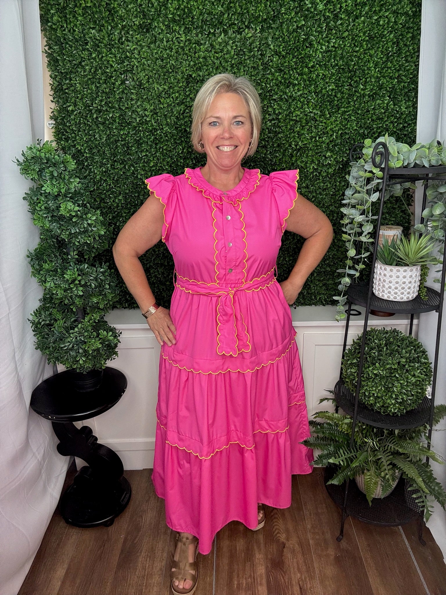Tiered Midi Dress with Ruffle Sleeves and Tie Waist
