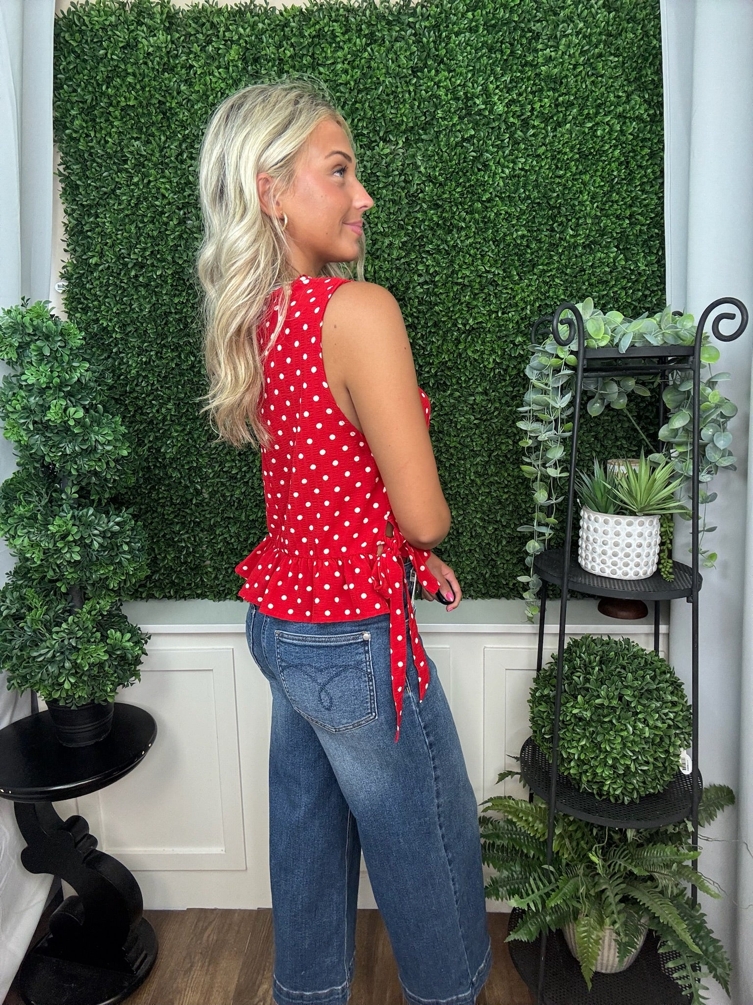 Red Polka Dot Ruffle Peplum Top
