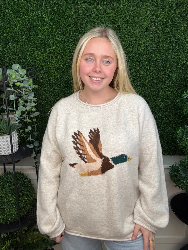 FLYING DUCK GRAPHIC KNIT SWEATER - OATMEAL