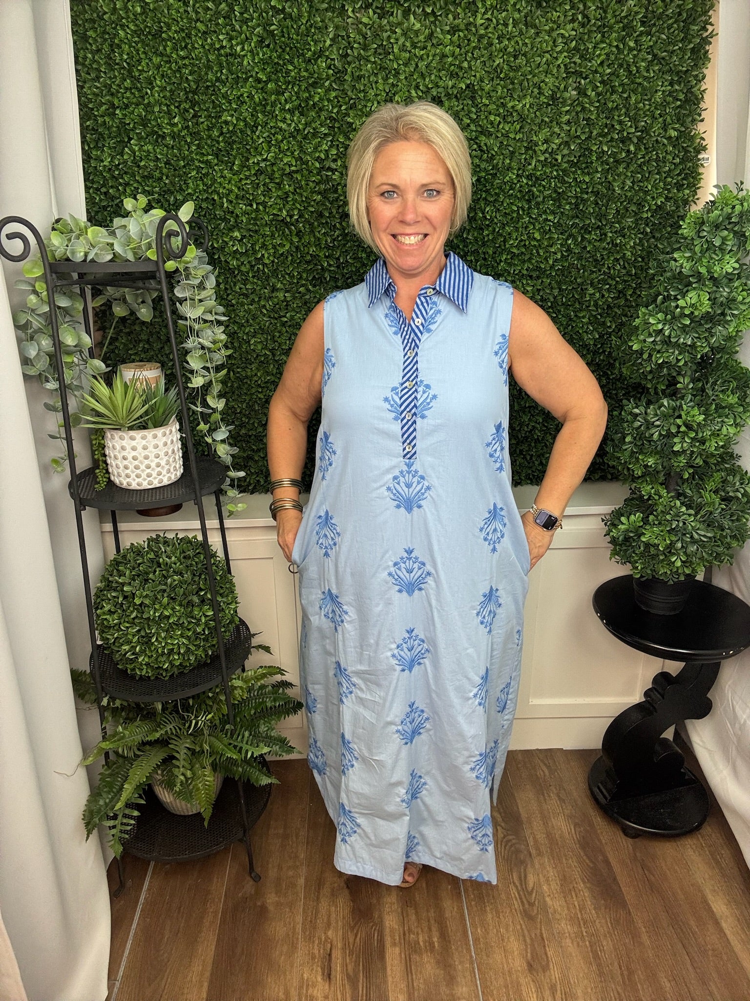 Chambray Printed A-Line Midi Dress L