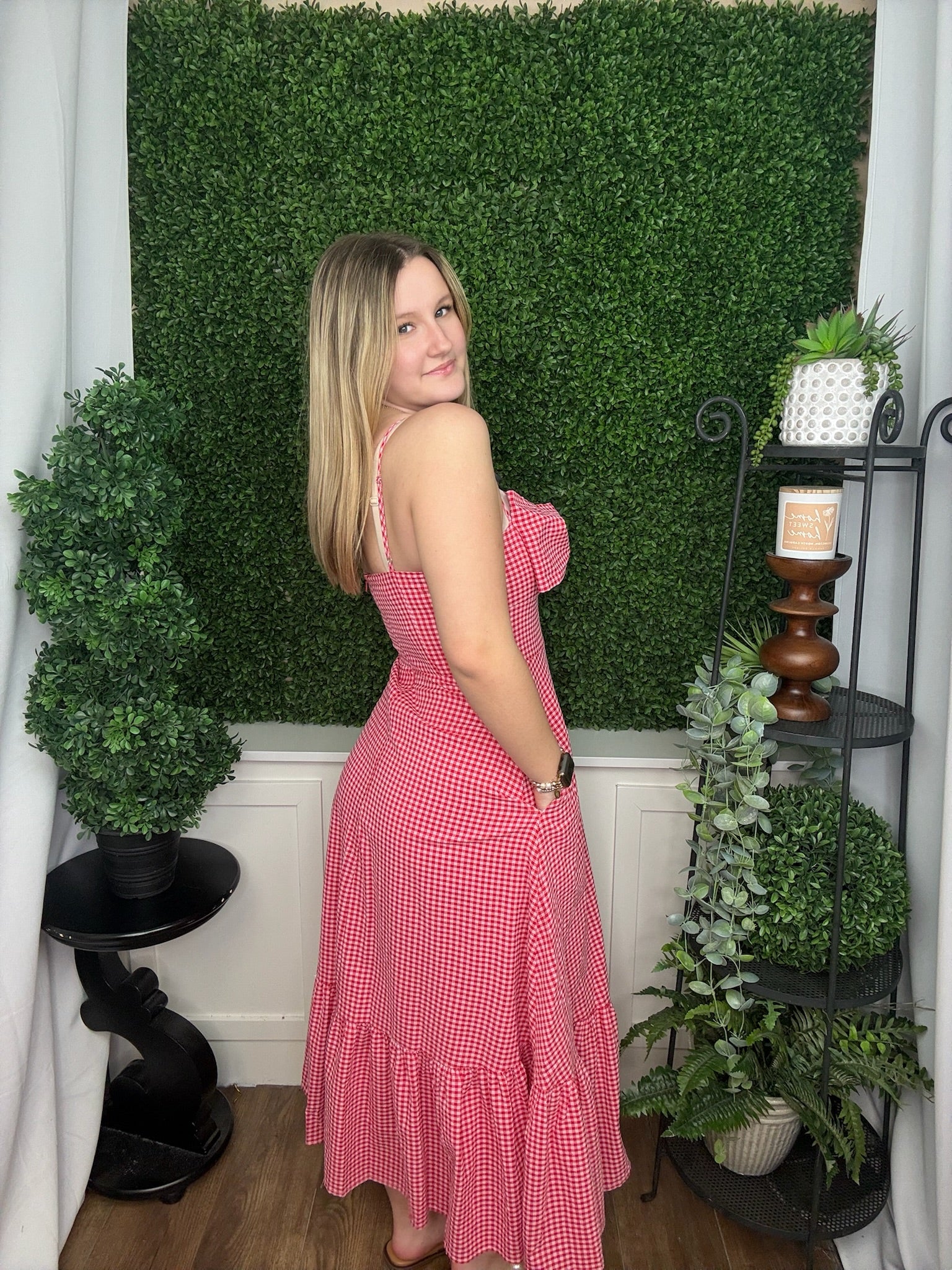 THIN STRAP LARGE BOW GINGHAM MIDI DRESS - RED