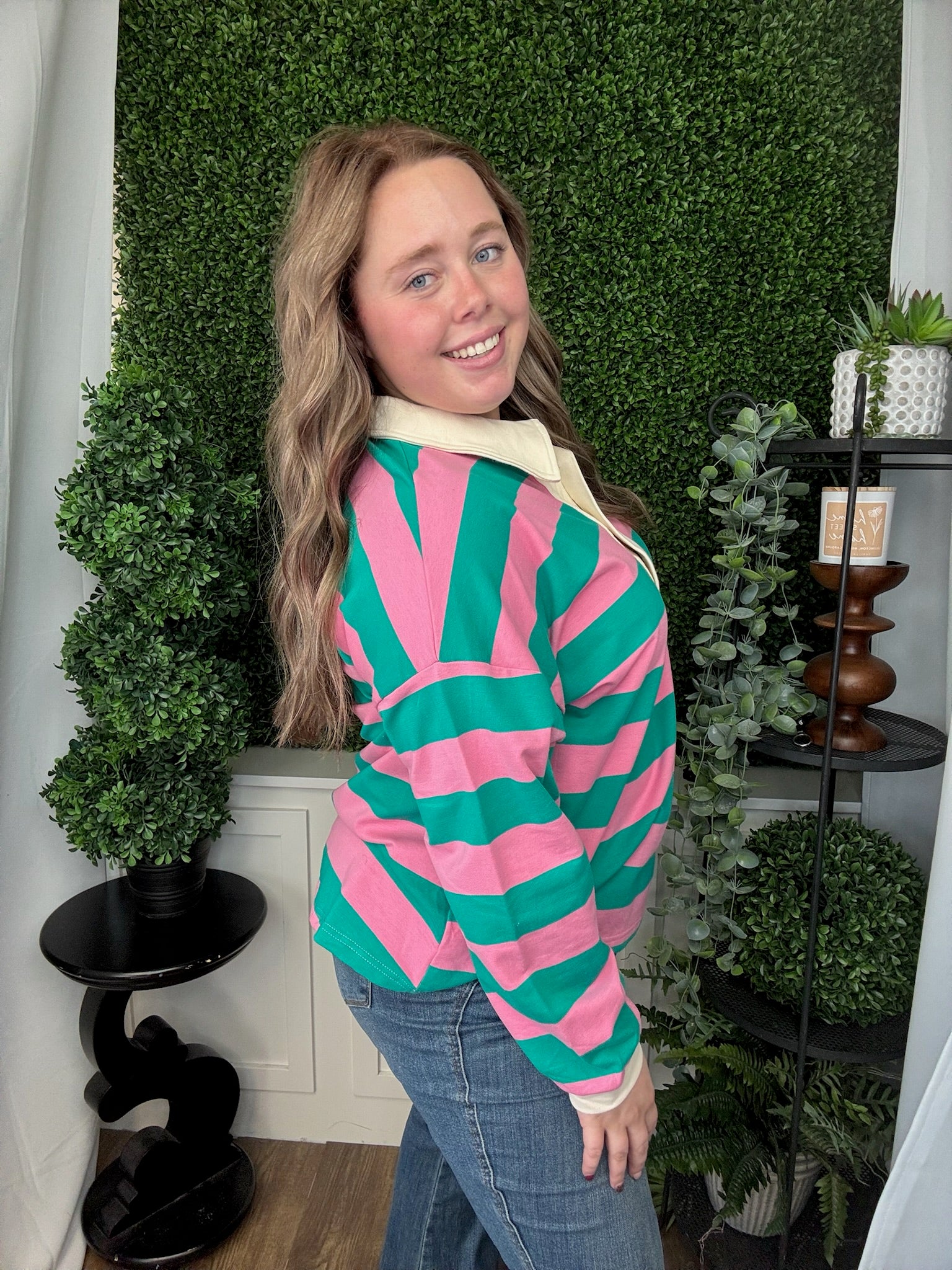 LS OVERISZED FRENCH TERRY STRIPED COLLAR TOP - PINK/JADE