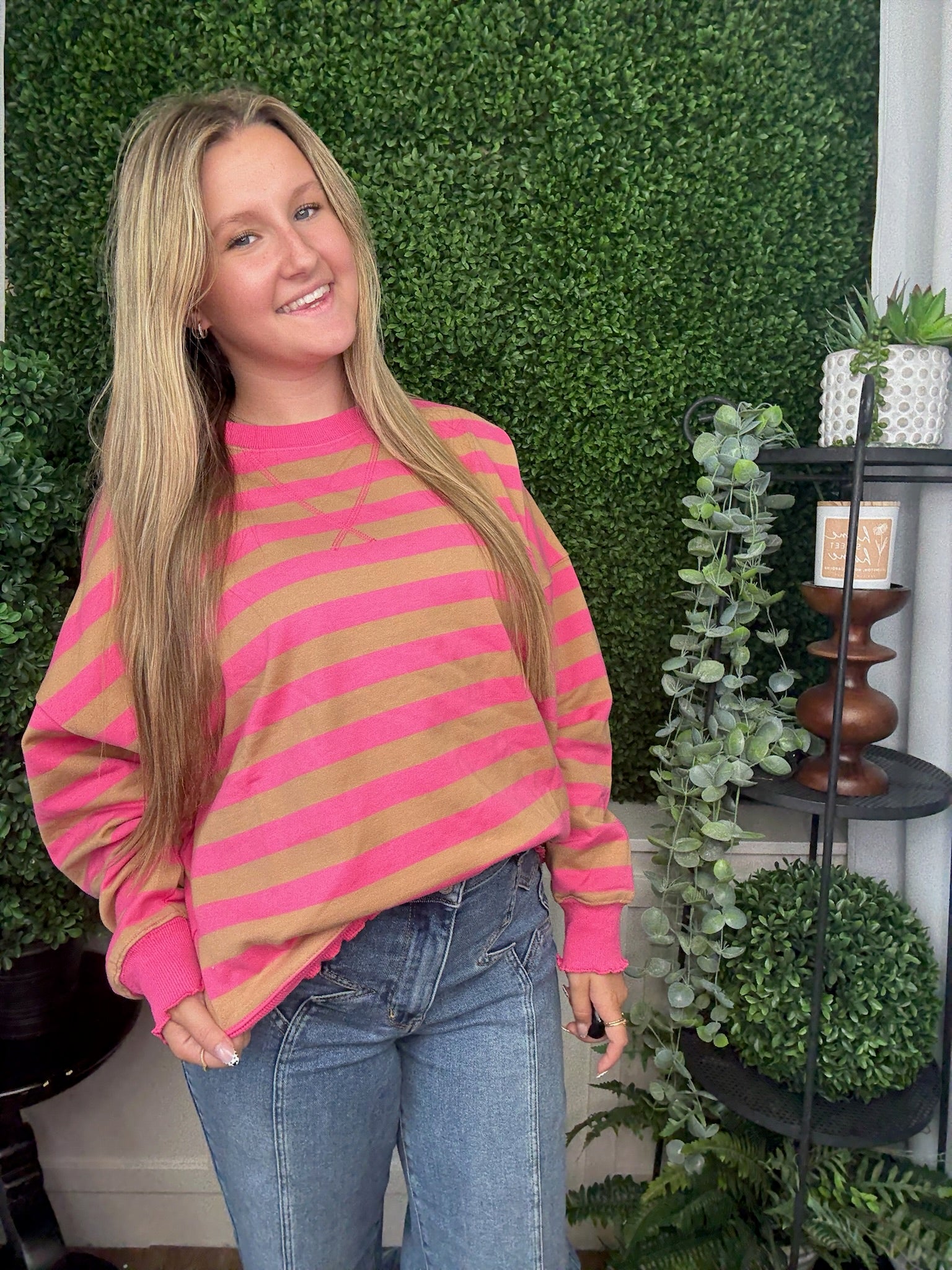 COLOR BLOCK STRIPED LETTUCE HEM DETAIL - PINK/TAUPE