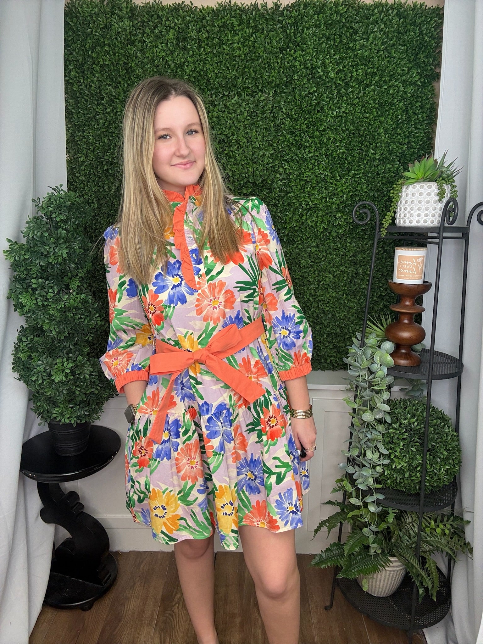 WAIST TIE FLORAL TIERED RESS - CORAL MIX