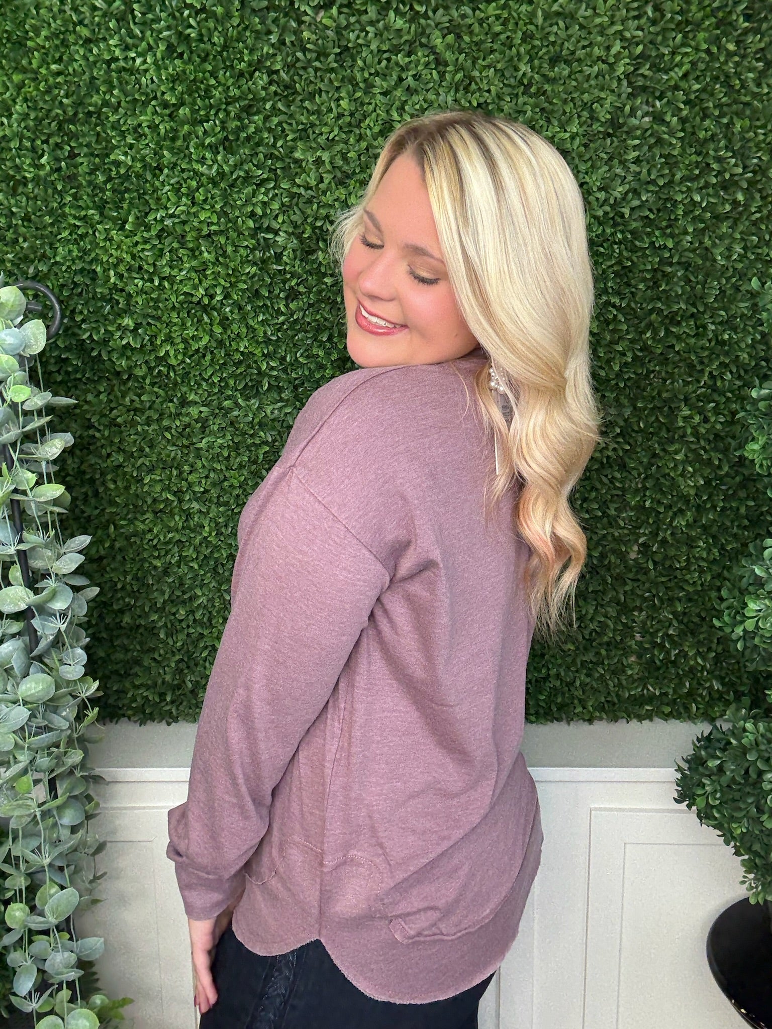 VINTAGE WASH LONG SLEEVE PONCHO TOP - MAUVE