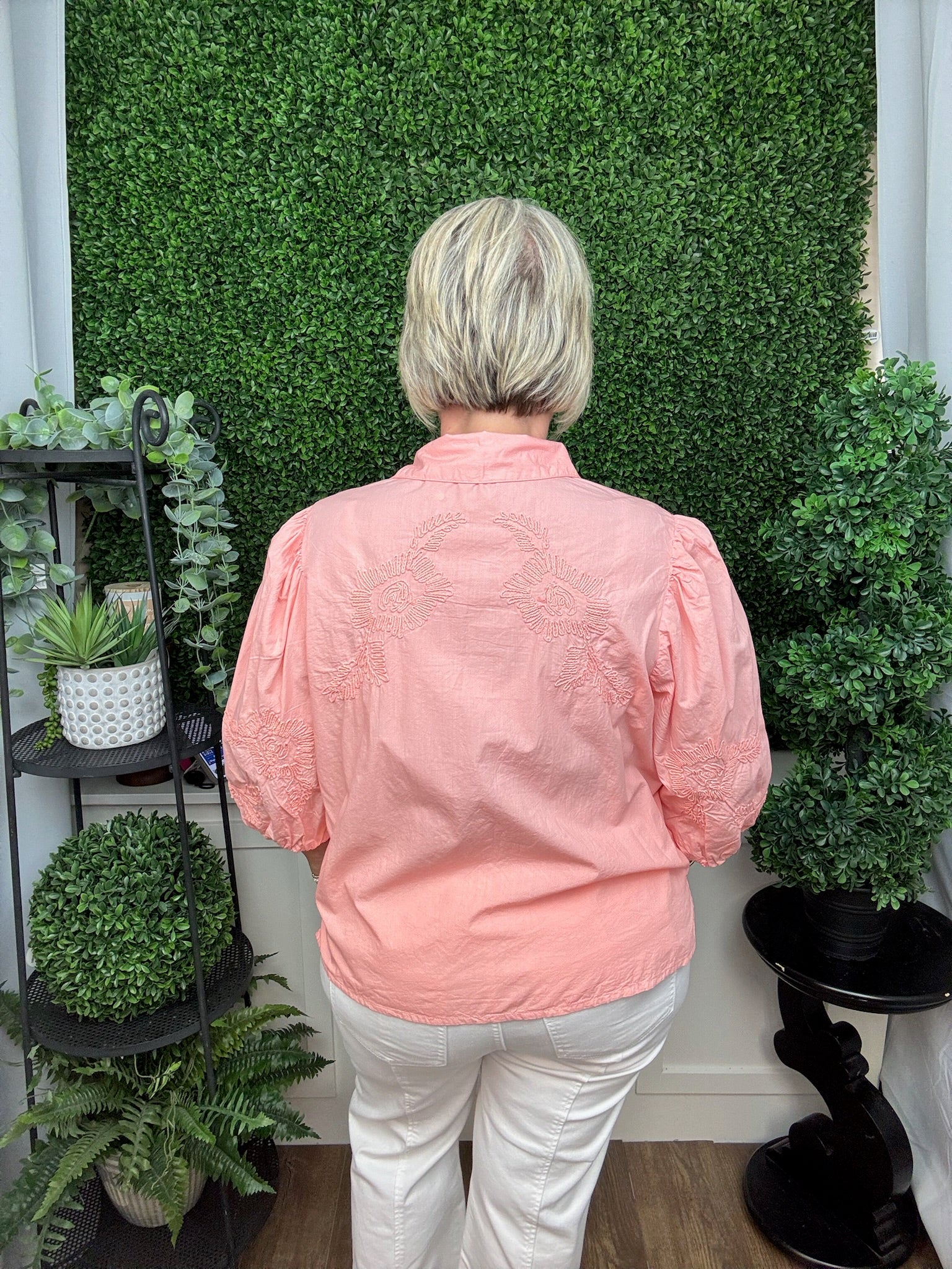 CORD EMBROIDERED GARMENT DYED BUTTON UP - CORAL PINK