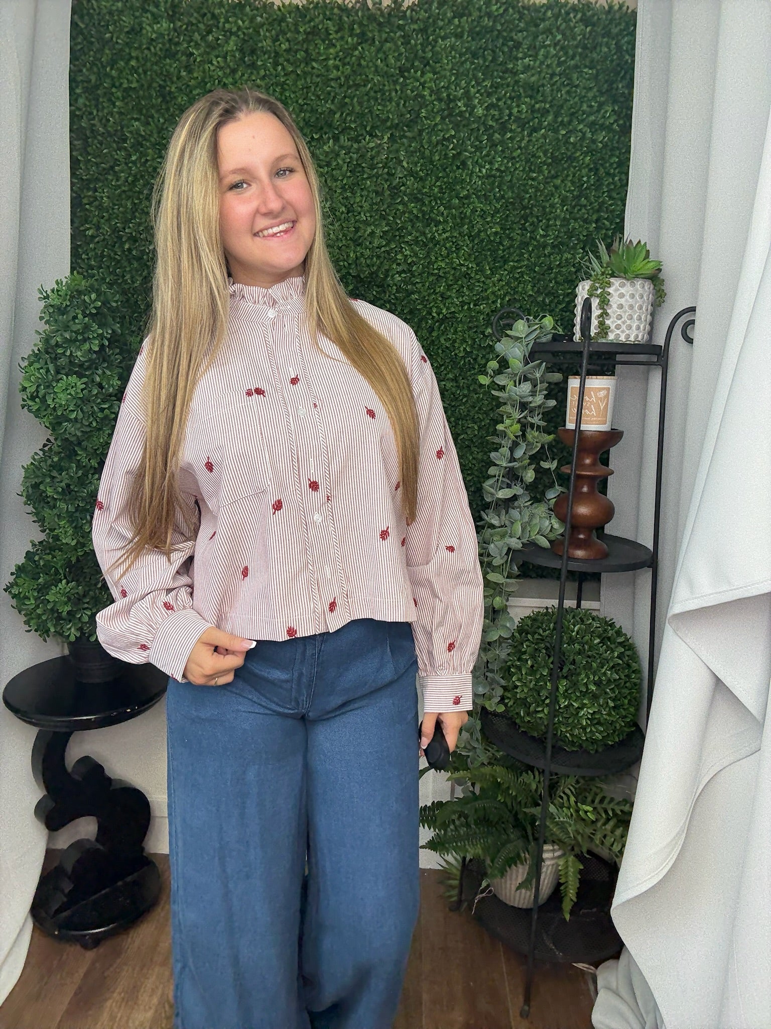 EMBROIDERED MOCK NECK STRIPED BUTTON UP TOP - AMBER STRIPE