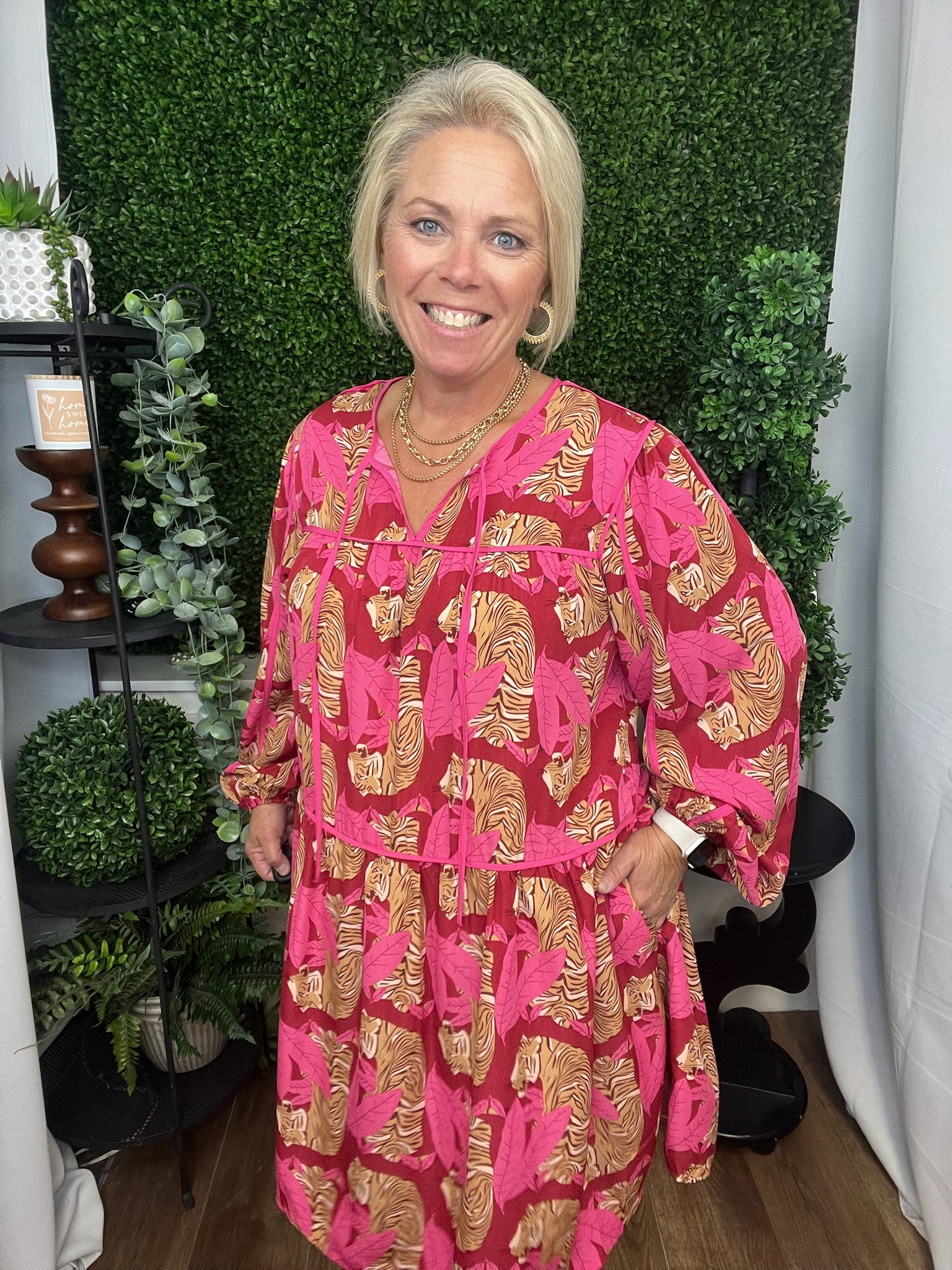 ANIMAL PRINTED WOOL TIERED DRESS - RASPBERRY