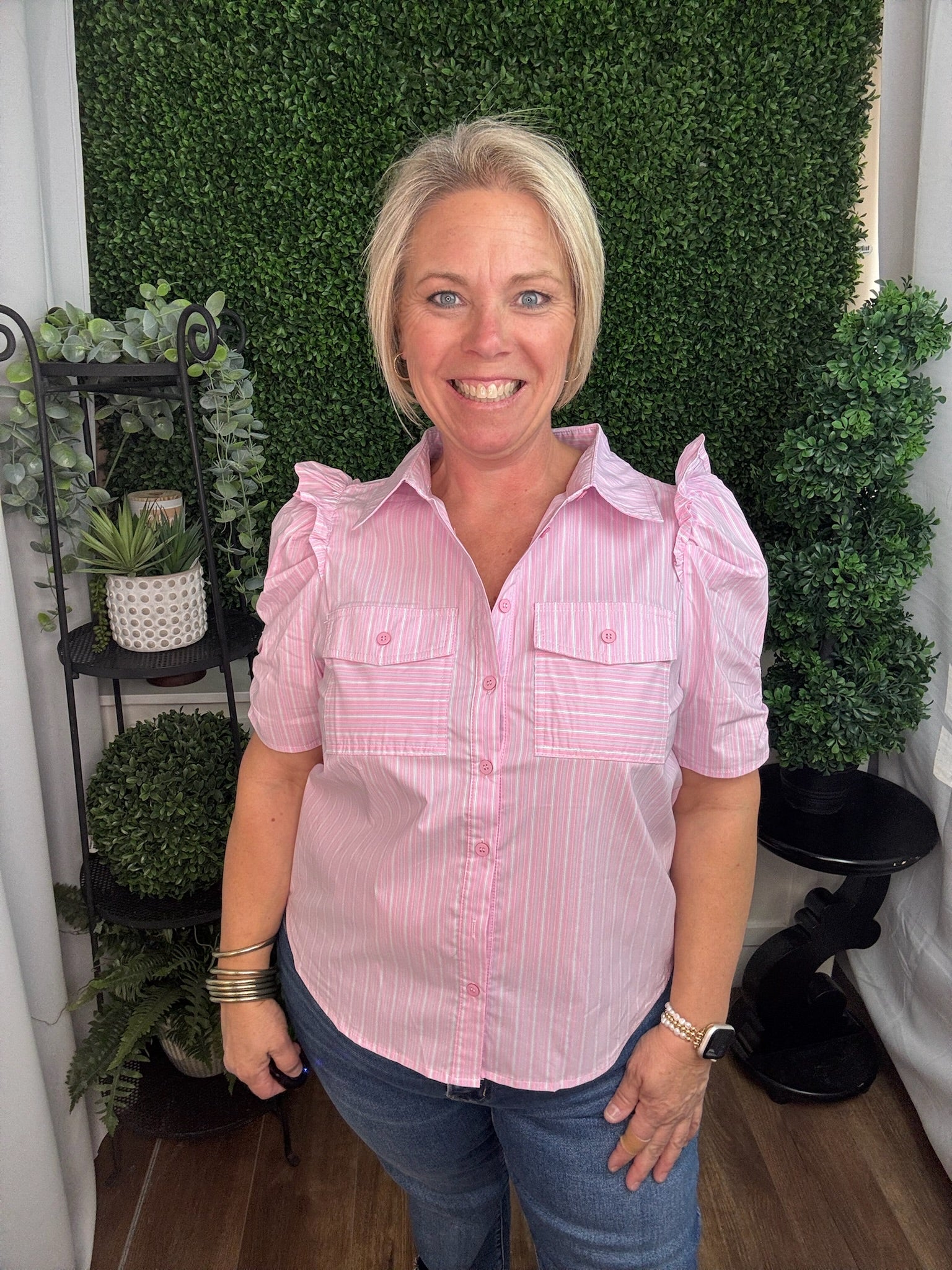 Pink Stripe Puff Sleeve Button-Up Top