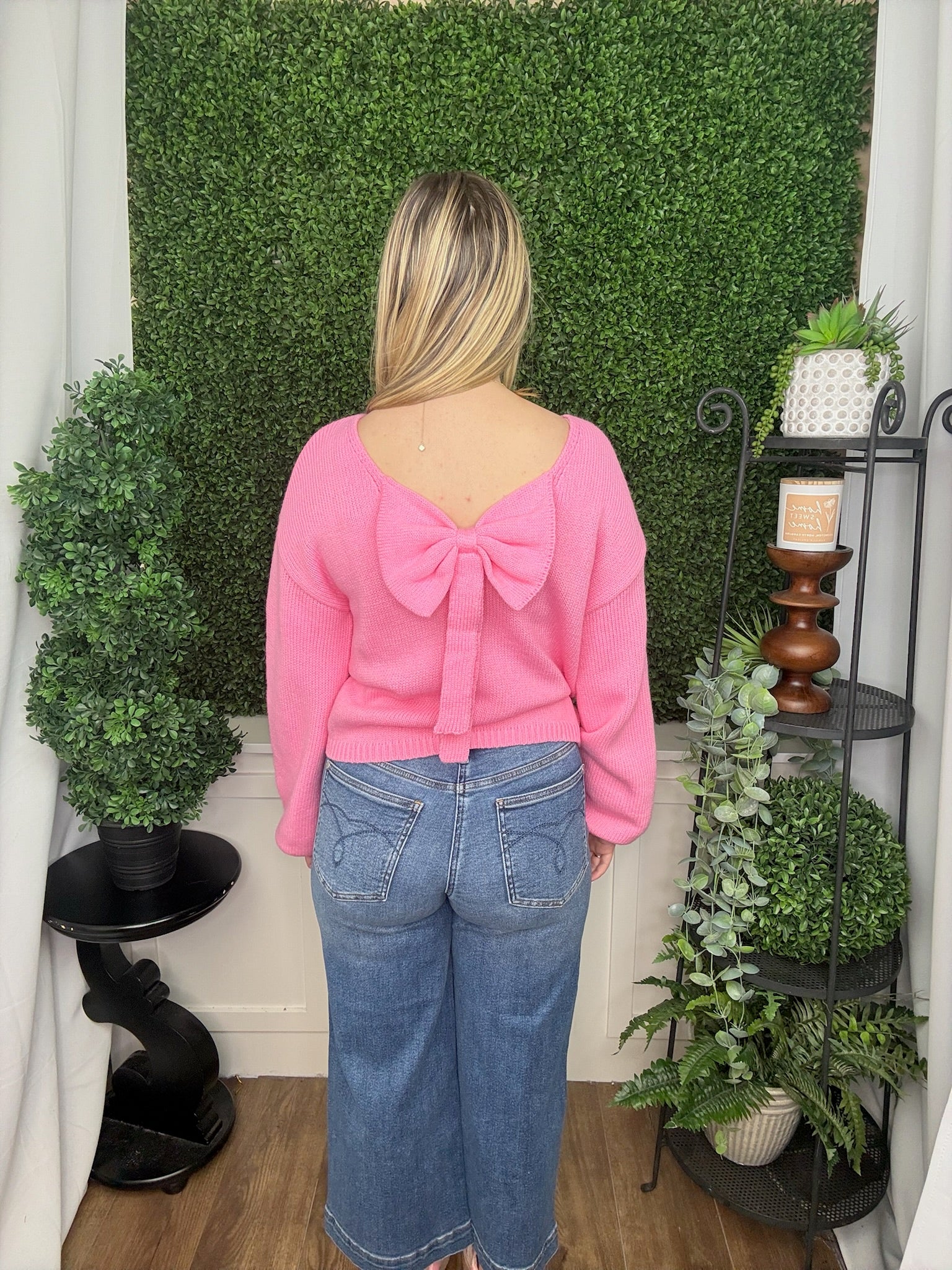 LOVE BACKLESS BUBBLE SLEEVE BACK BOW SWEATER - PINK