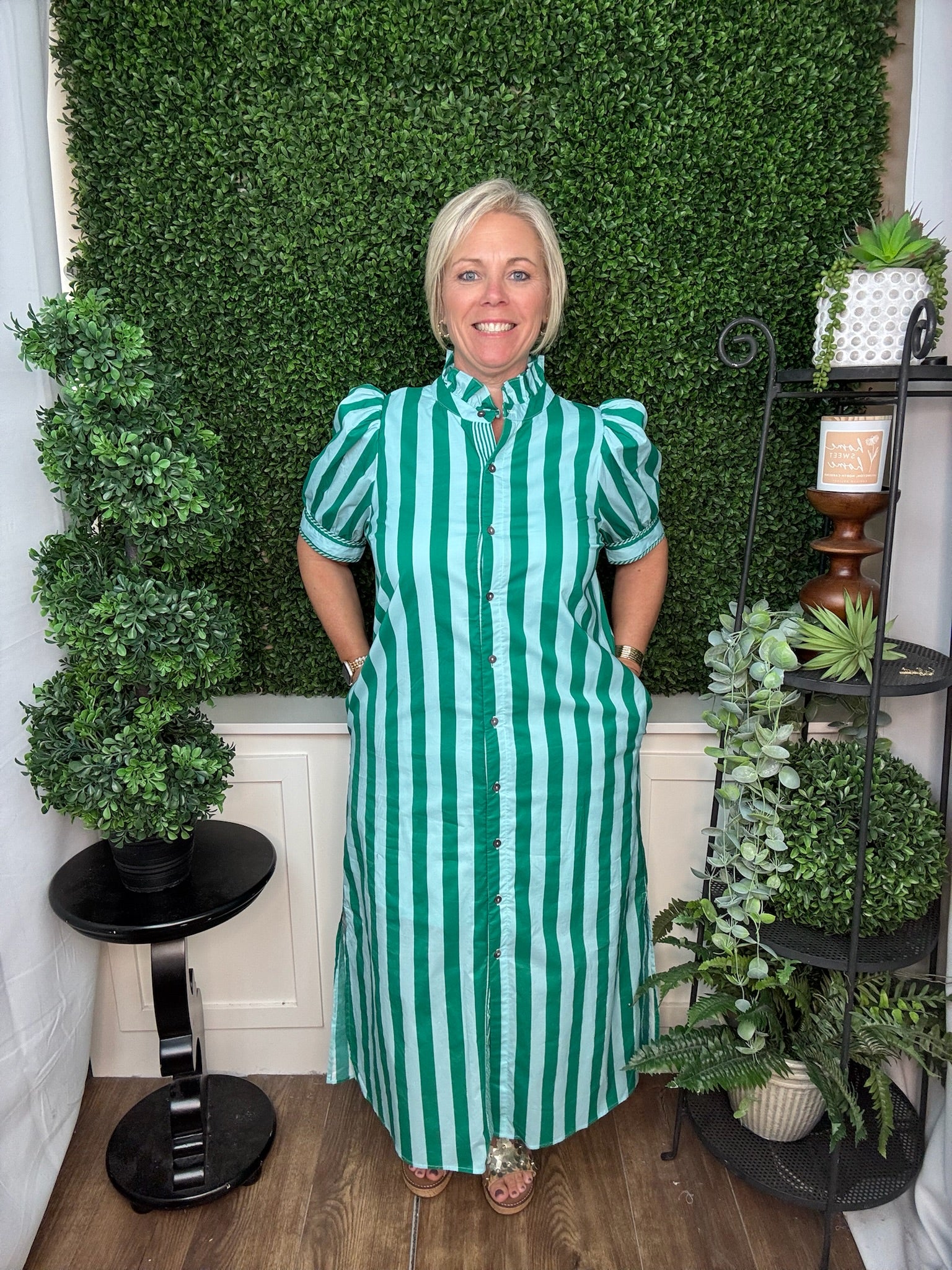 Vertical Stripe Puff Sleeve Midi Dress - Green