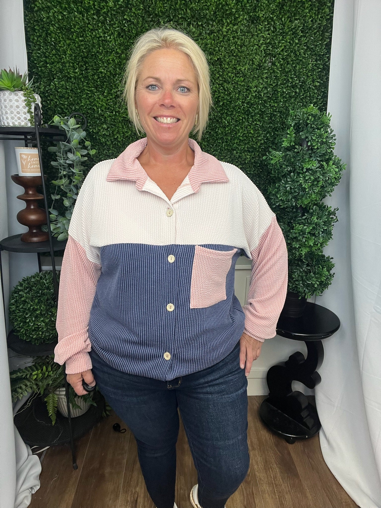 HANSEN COLOR BLOCK SHACKET - OATMEAL/PEACH/NAVY