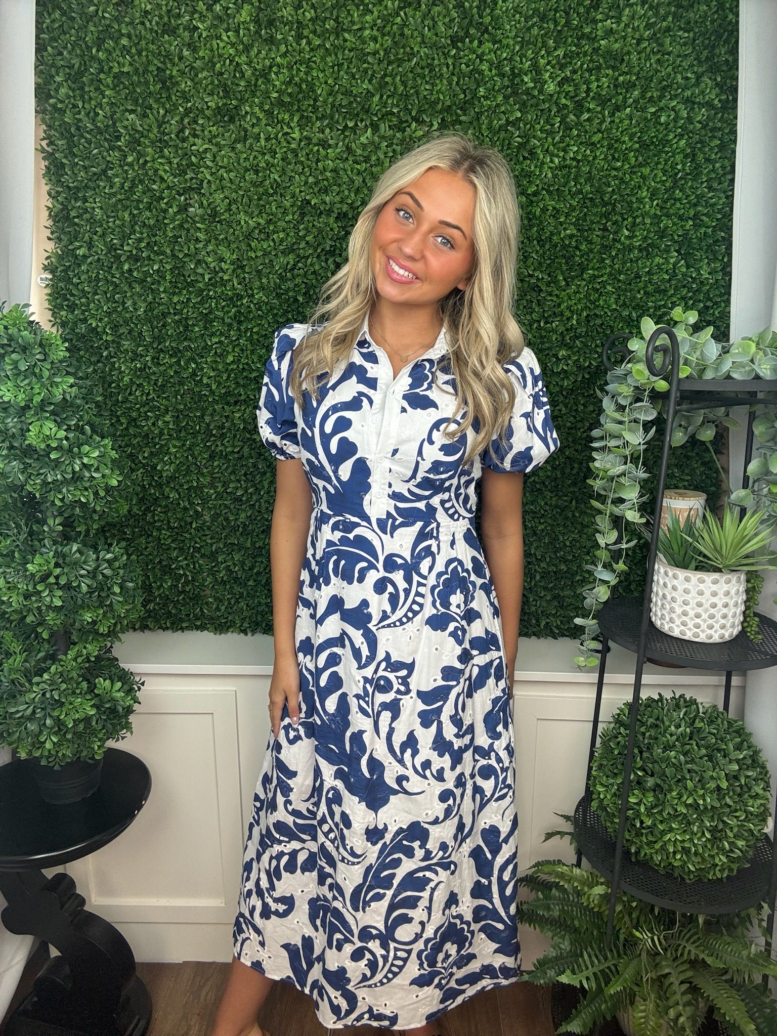 Porcelain Garden Puff Sleeve Midi Dress