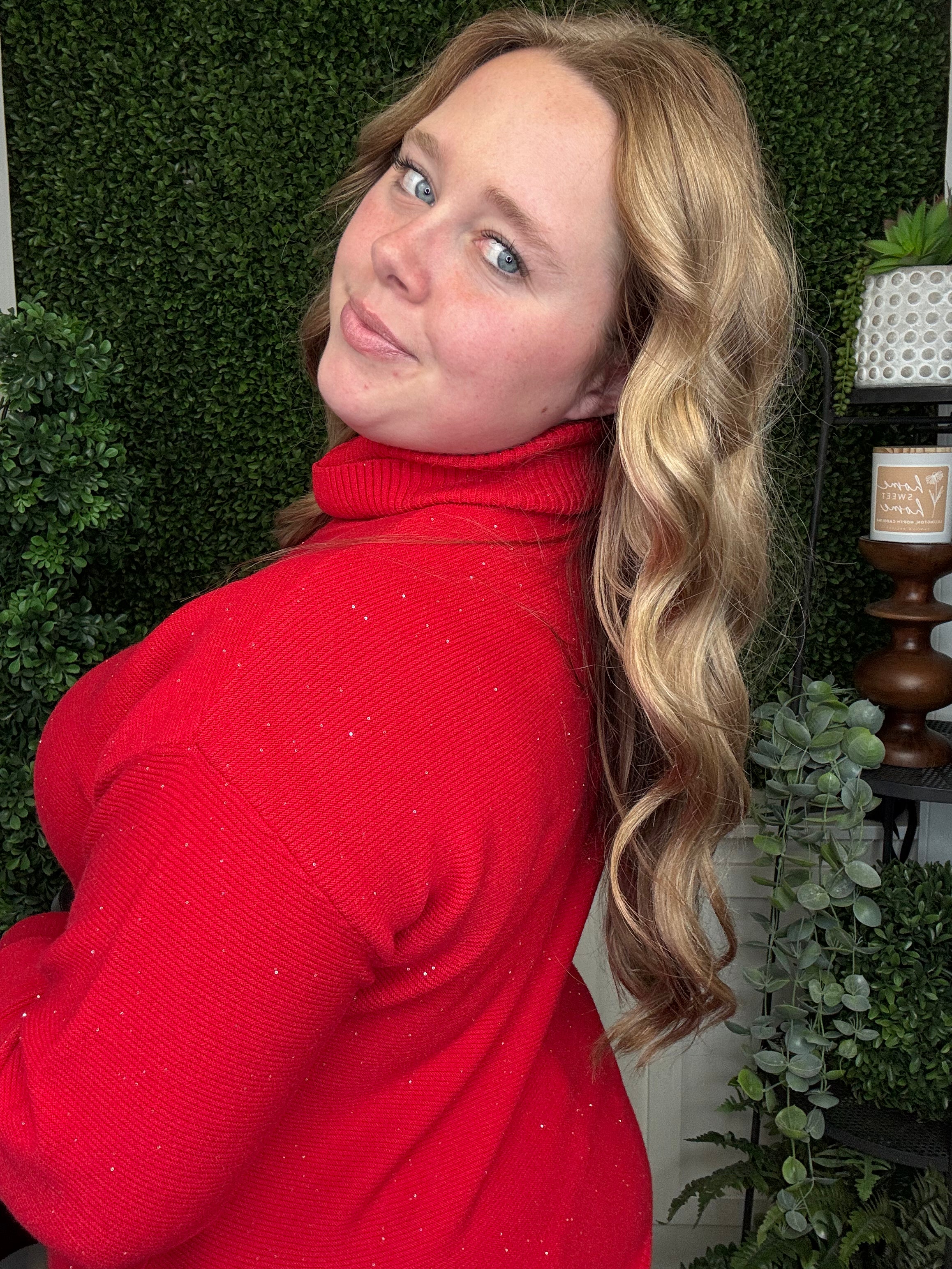 TURTLENECK HIGH LOW SWEATER W/SIDE SLITS - CARMINE