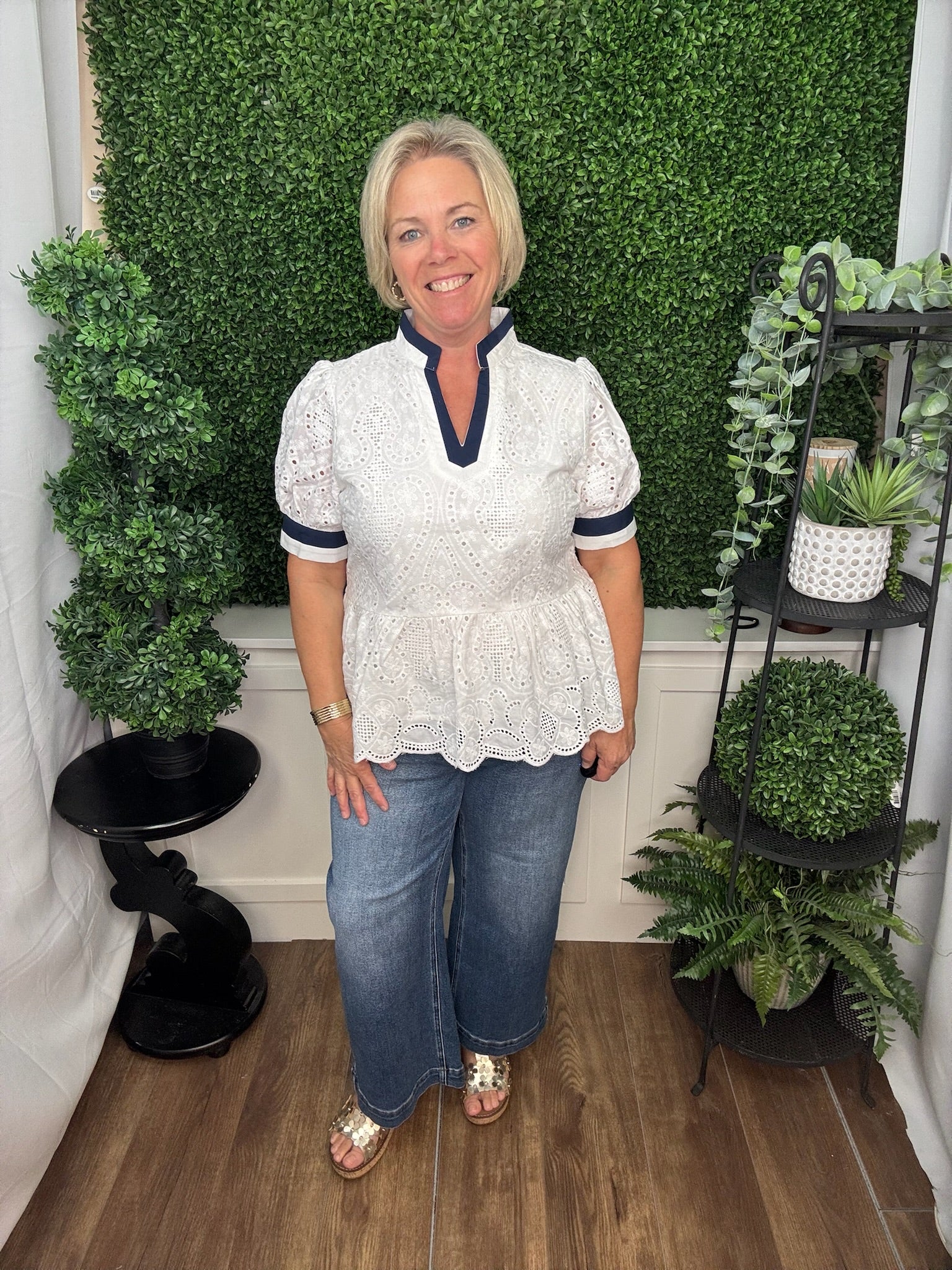 NAVY STRIPE EYELET TOP