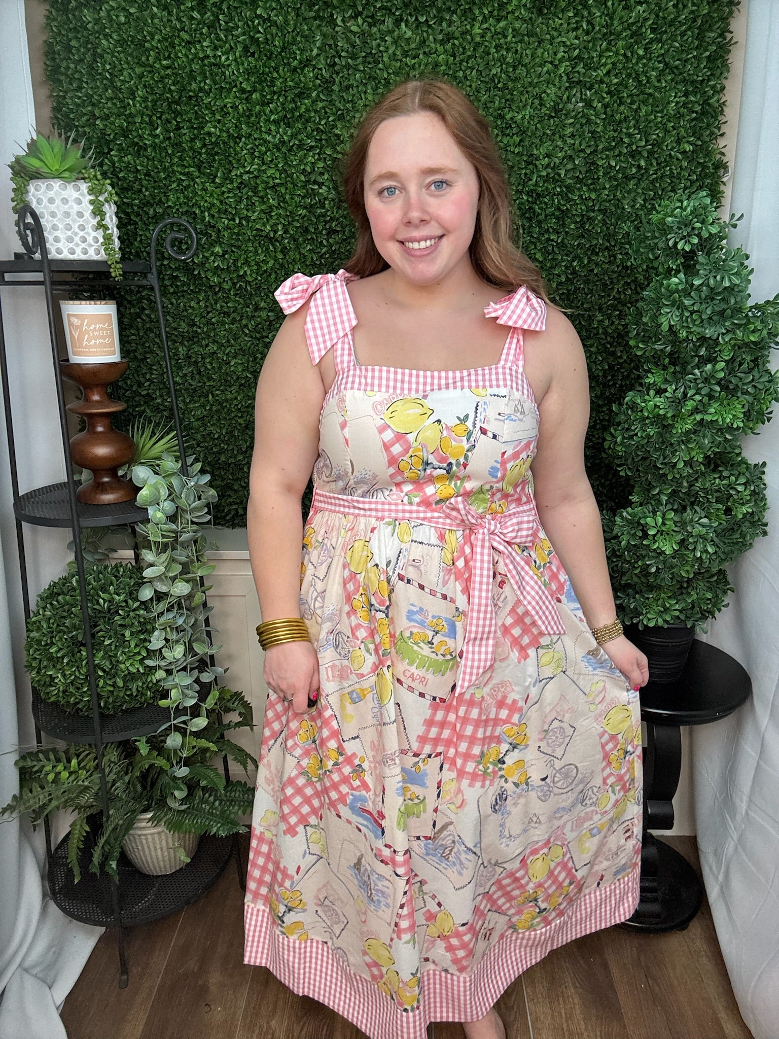 Gingham Tie Strap Printed Midi Dress