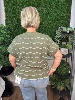 DROP SHORT SLEEVE SCALLOP STRIPED PATTERN KNIT SWEATER TOP - LT. TAUPE/ OLIVE