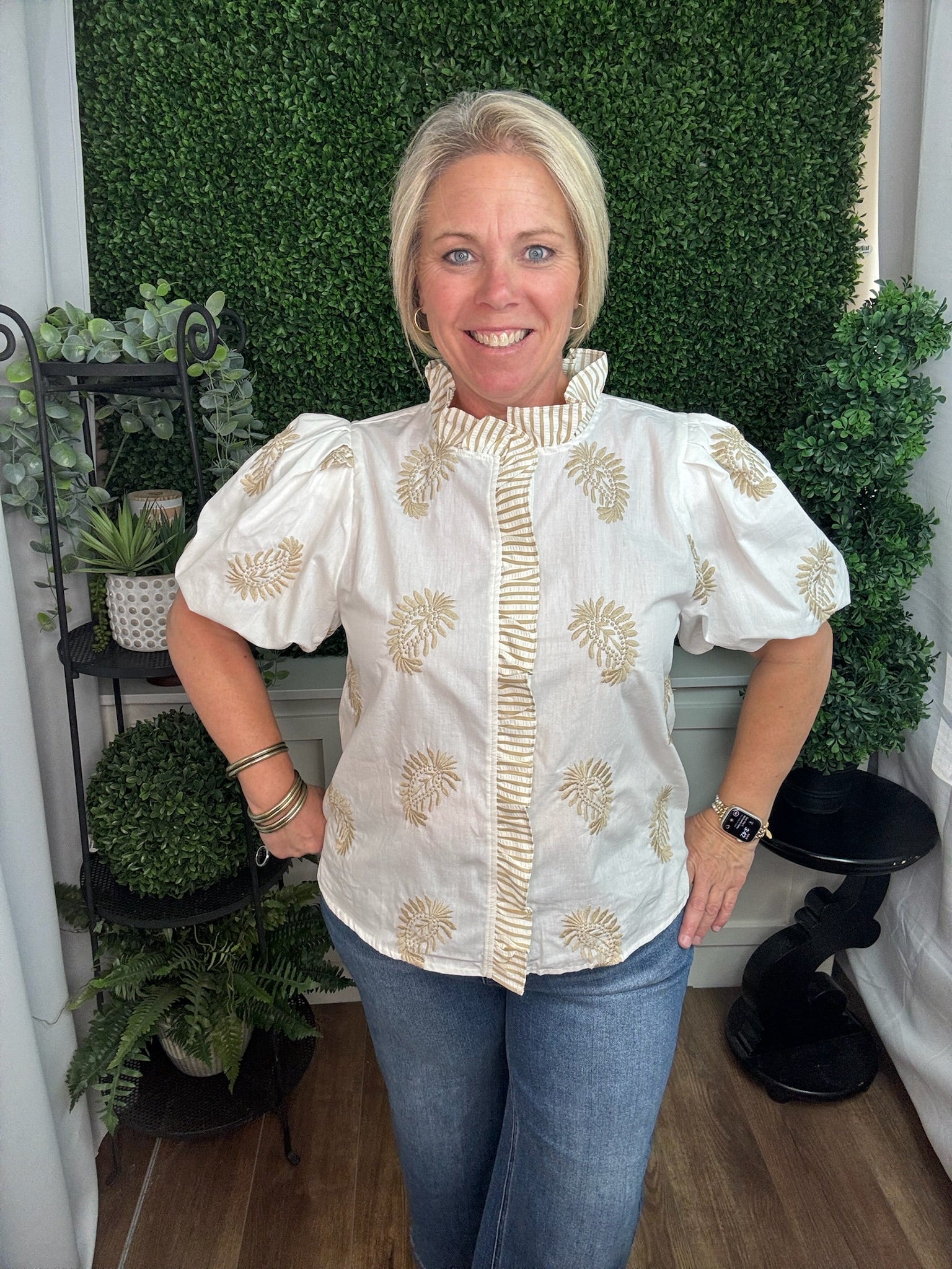 Ivory Embroidered Puff Sleeve Ruffle Blouse