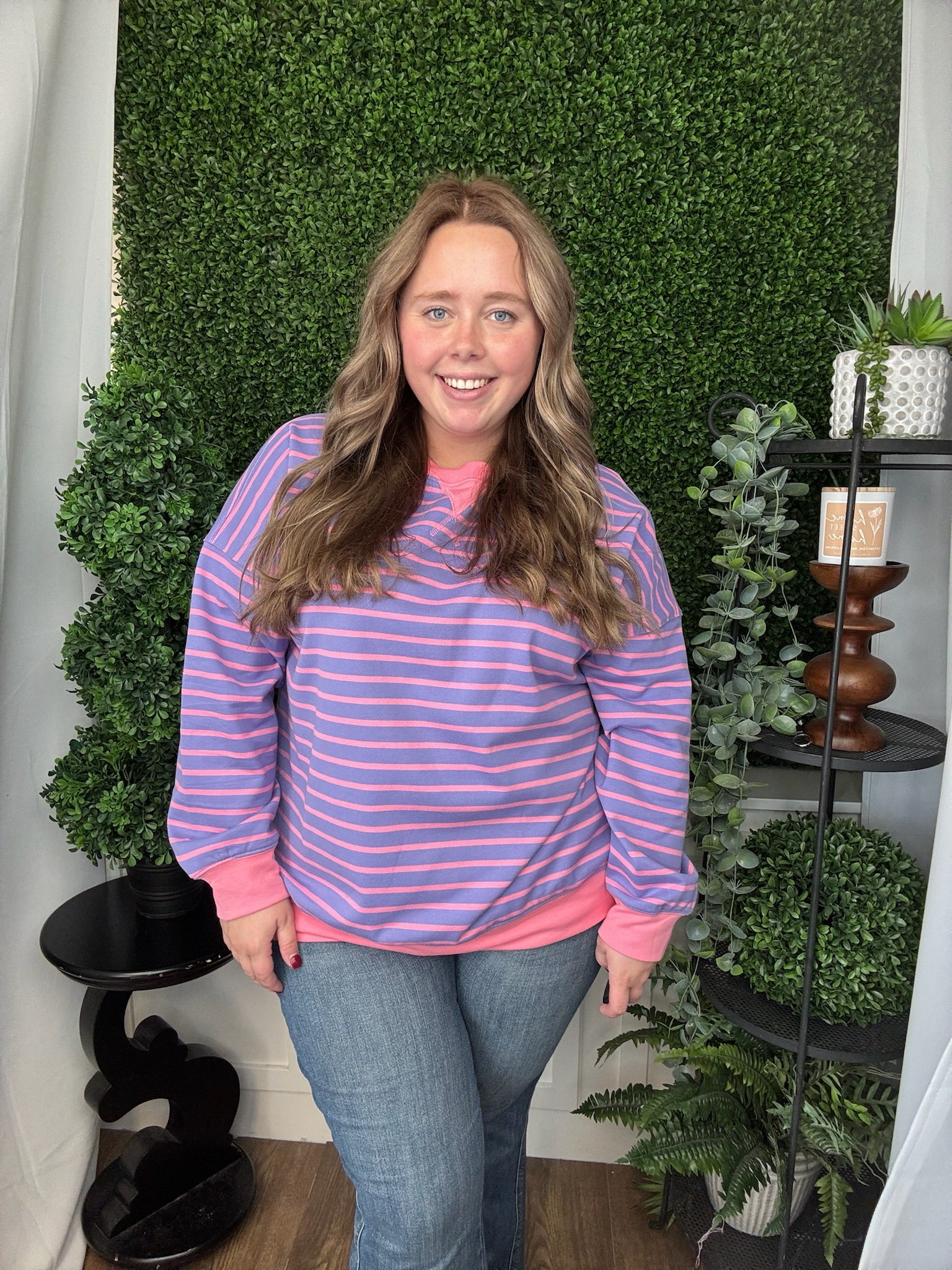 STRIPE TERRY RELAXED FIT SWEATSHIRT - PURPLE/PINK