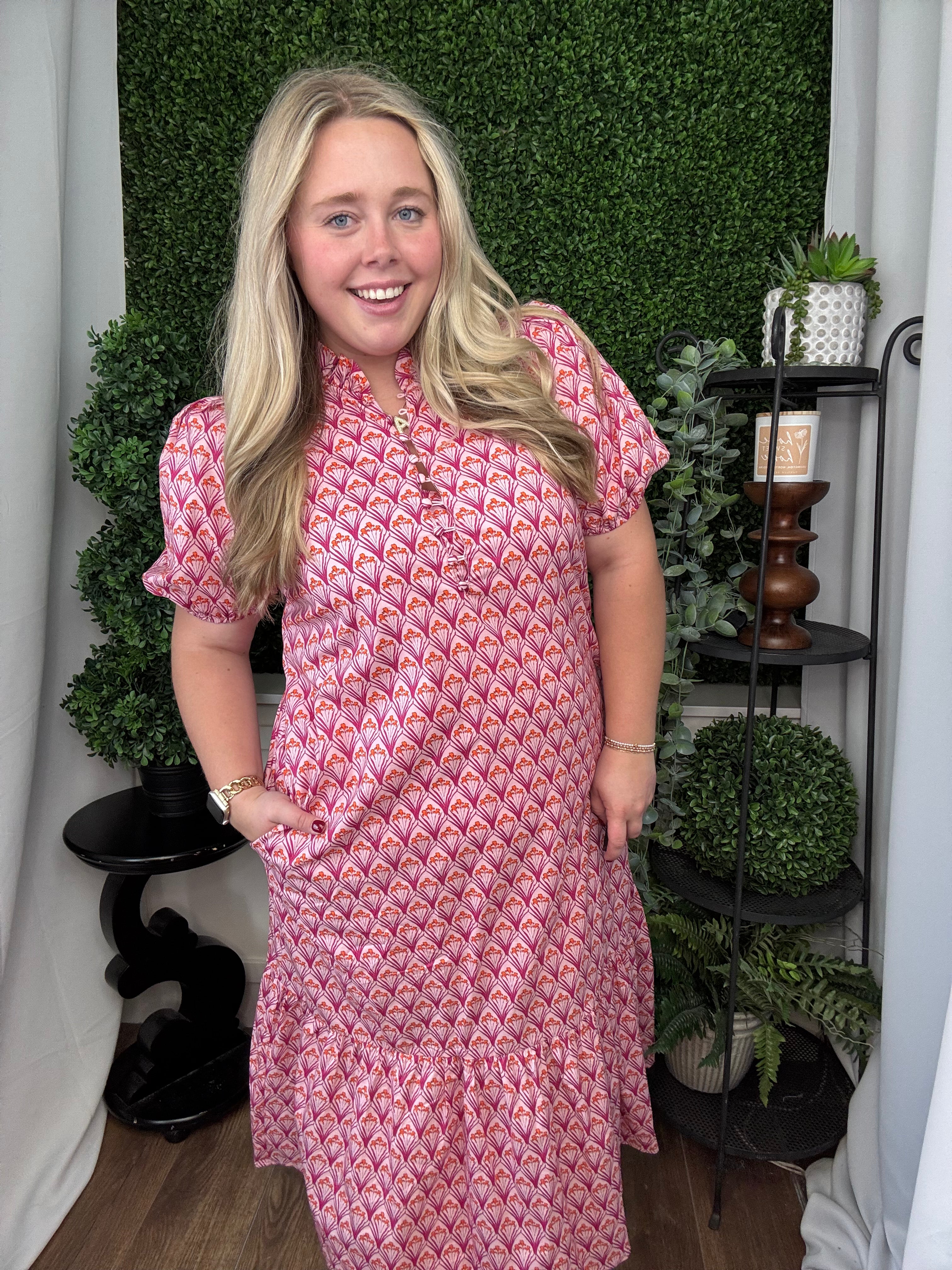 FLORAL PRINT PLEATED PUFF SLEEVE MIDI DRESS