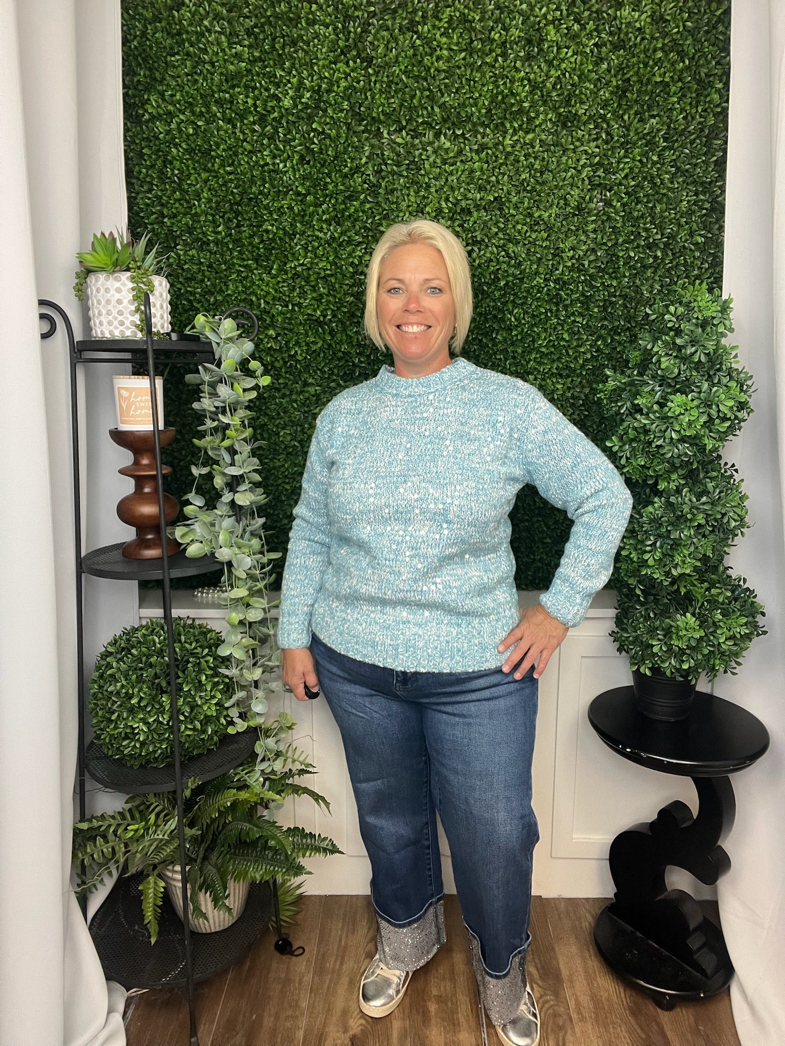 LONG SLEEVE CLEAR SEQUIN SWEATER - LIGHT BLUE