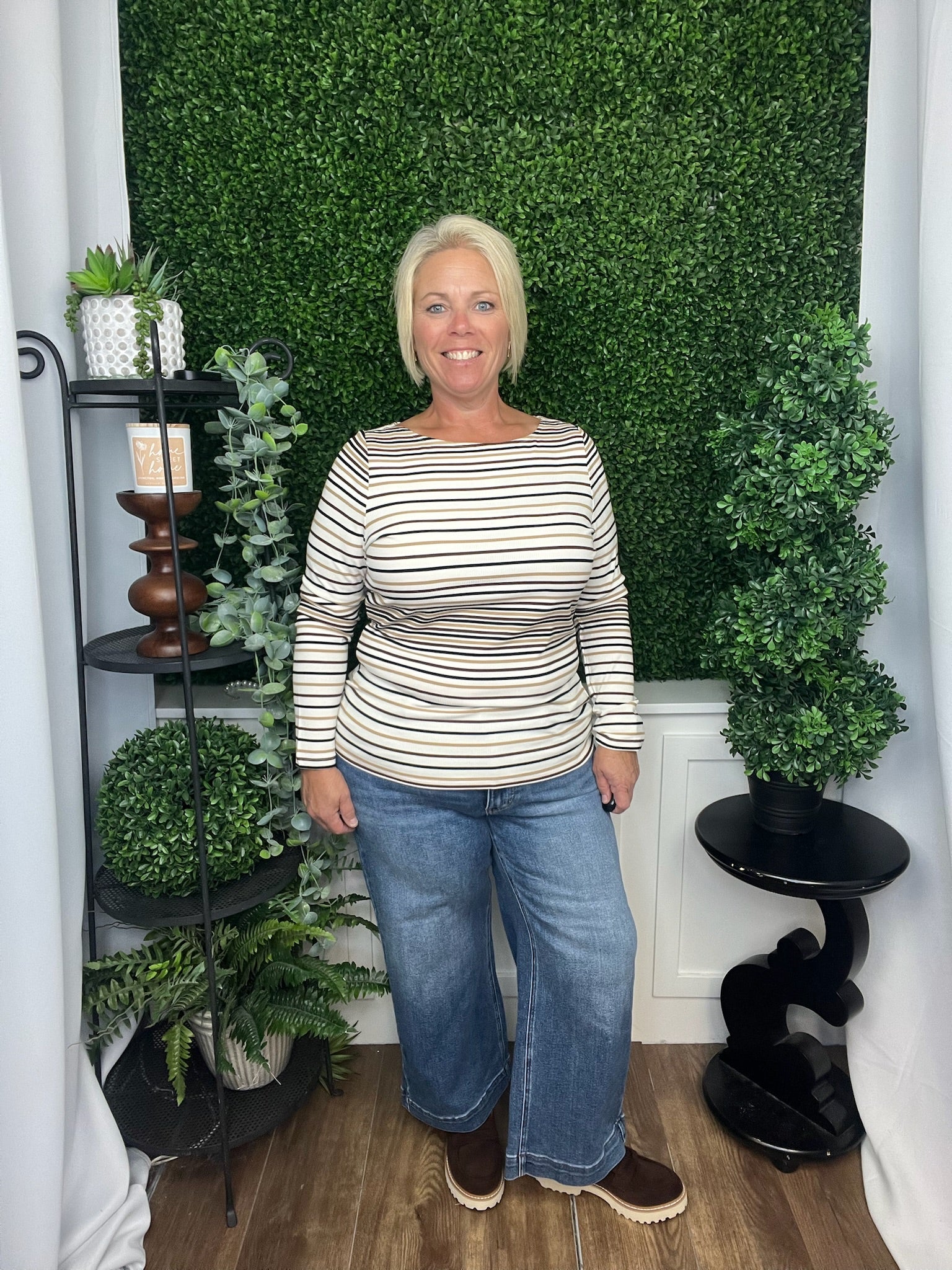 LONG SLEEVE BOAT NECK KNIT TOP ALABASTER MULTI STRIPE