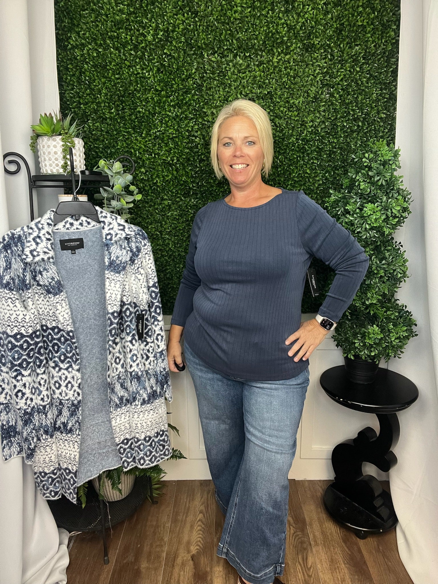 LONG SLEEVE BOAT NECK KNIT TOP WASHED NAVY