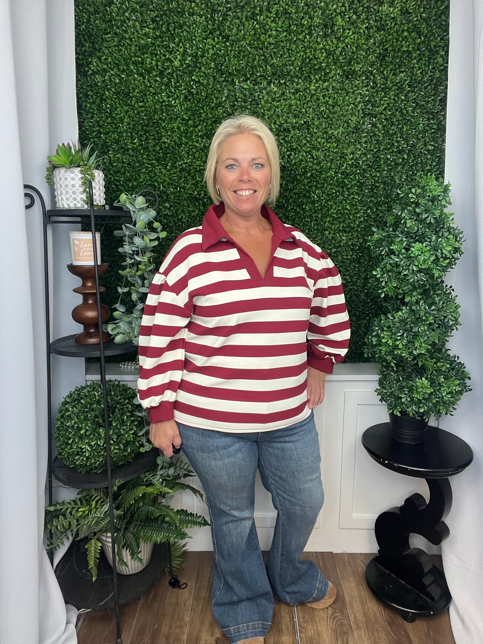 STRIPED OTTOMAN PULLOVER - DARK RED