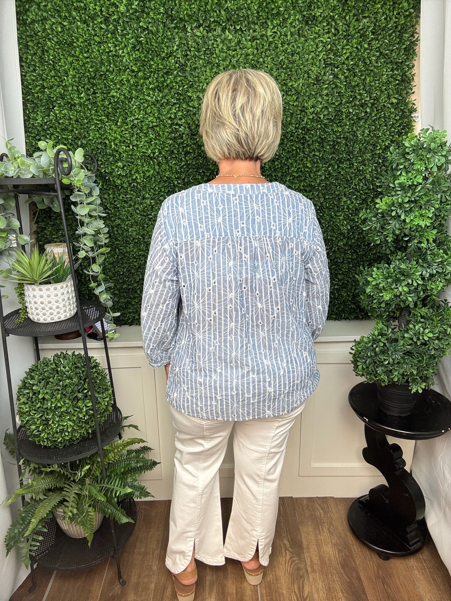 3/4 SLEEVE ALL OVER EYELET EMBROIDERY TOP - BREEZE