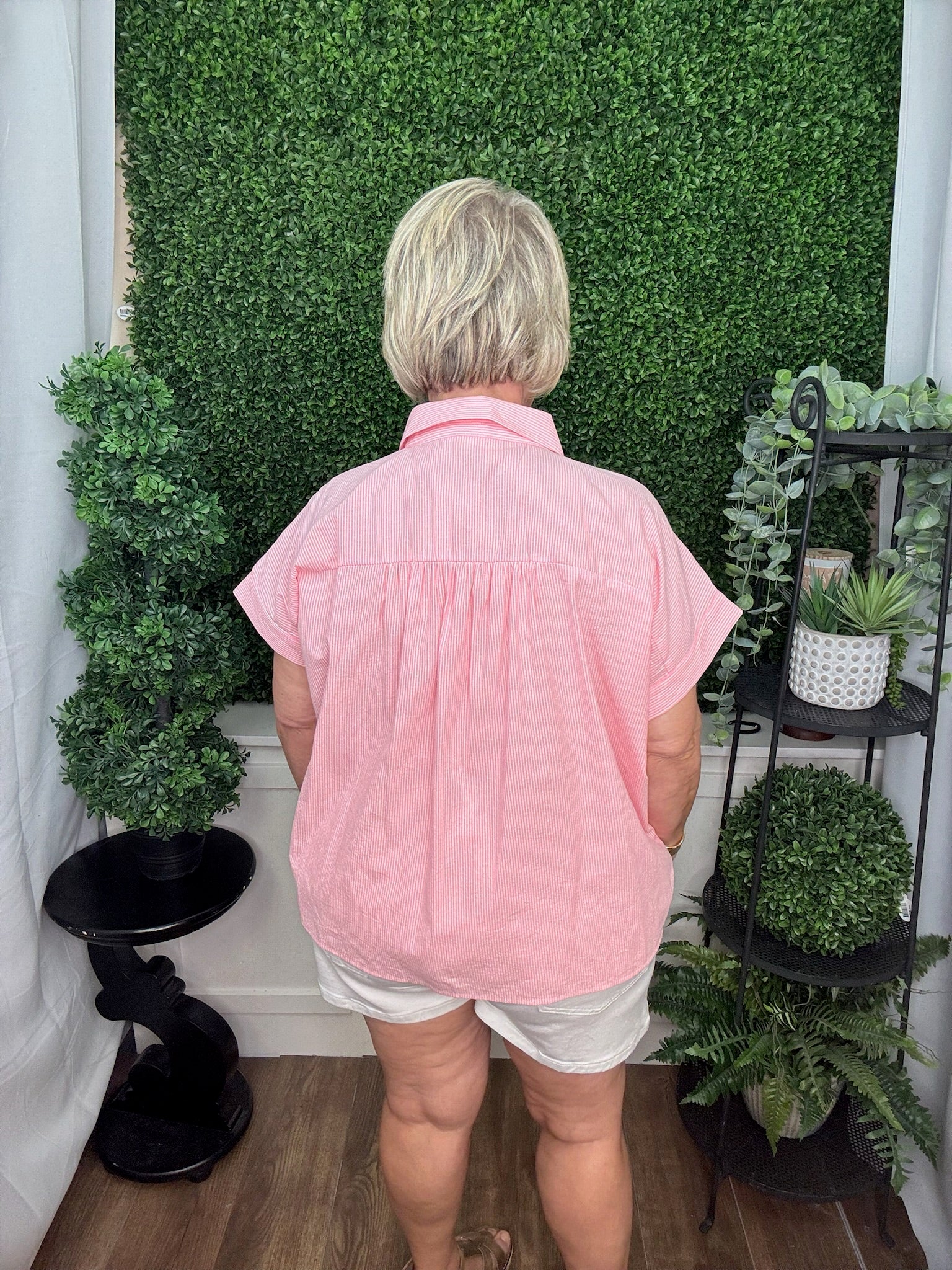 Applique Accent Button Down Stripe Top - Pink