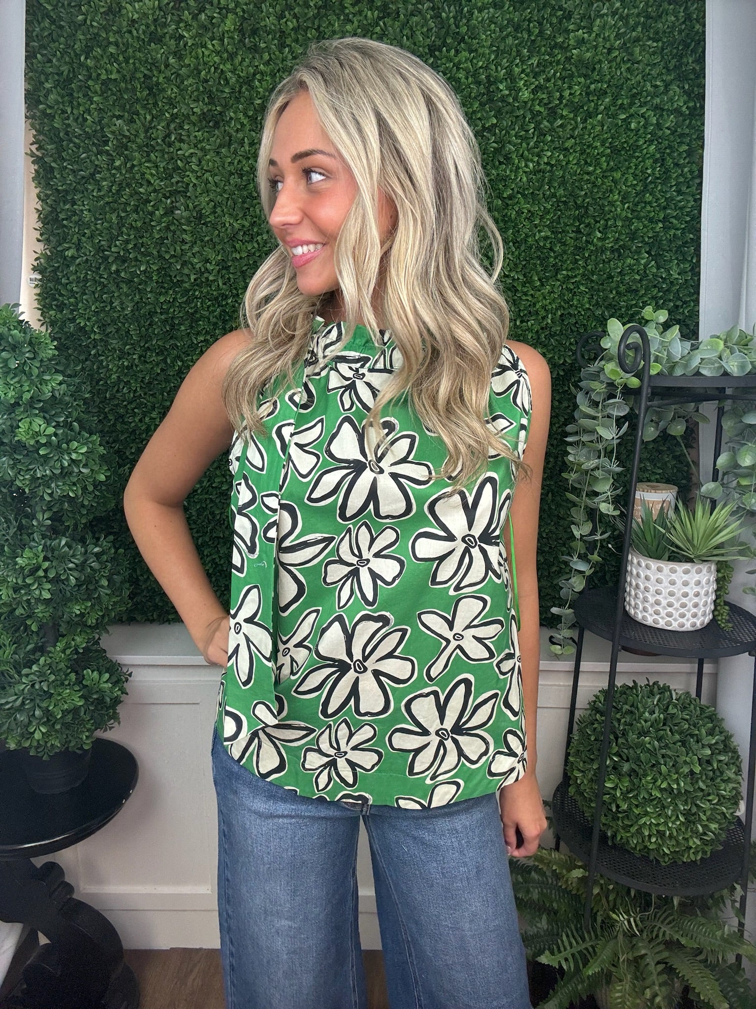 Emerald Bloom Tie-Neck Blouse