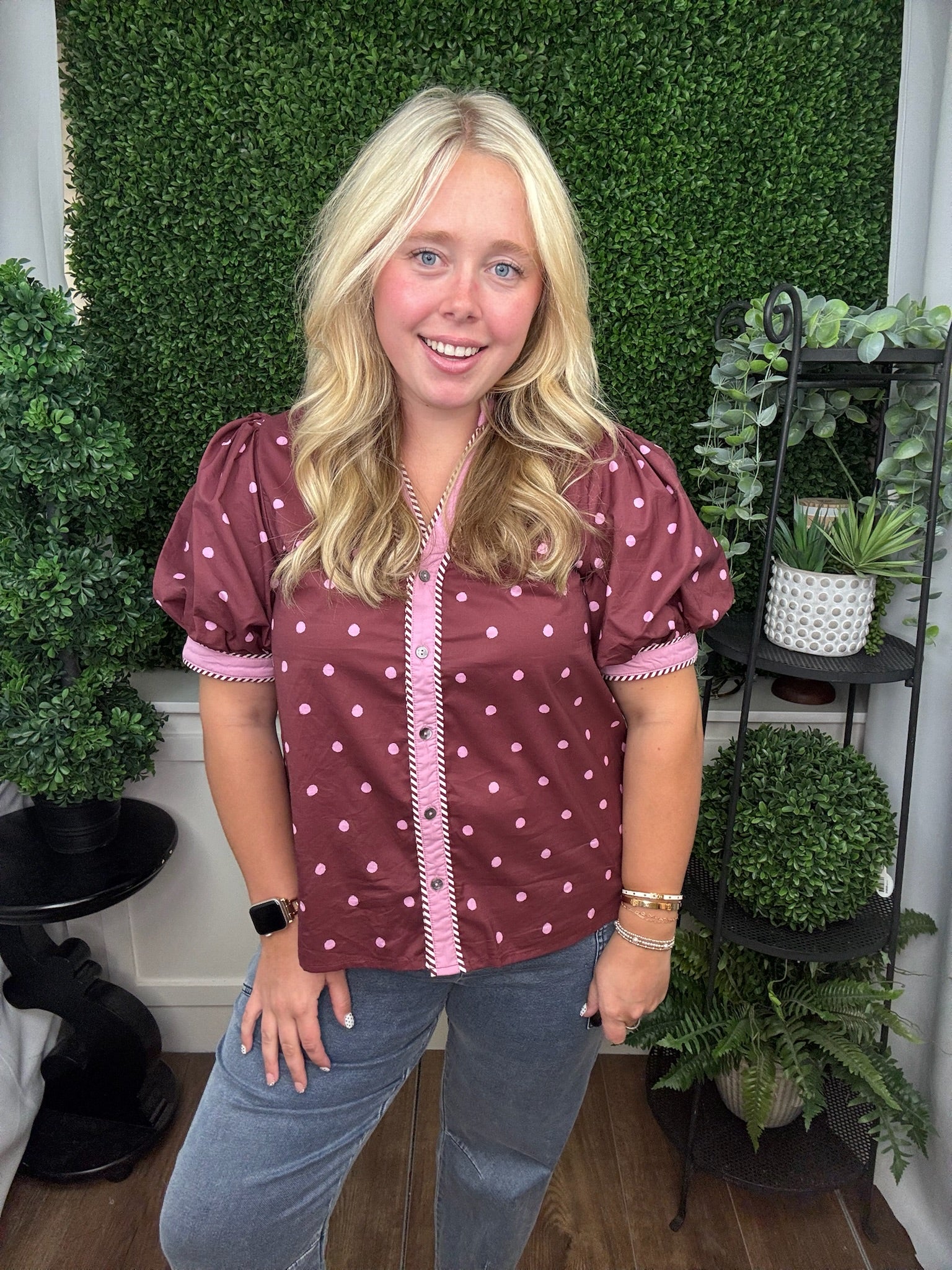 POLKA DOT PUFF SLEEVE BLOUSE - BURGUNDY