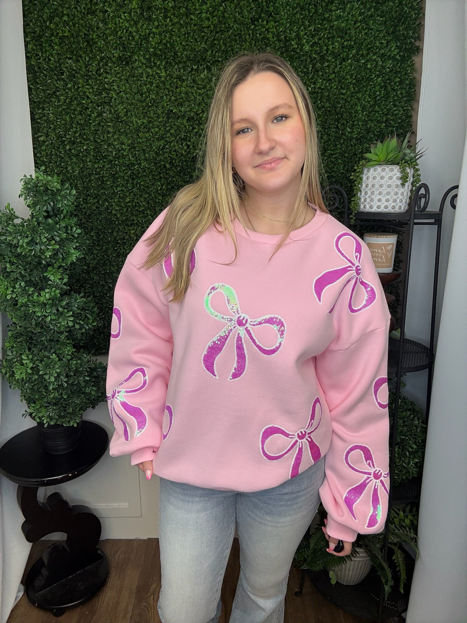 SEQUIN BOWS SWEATSHIRT - PINK