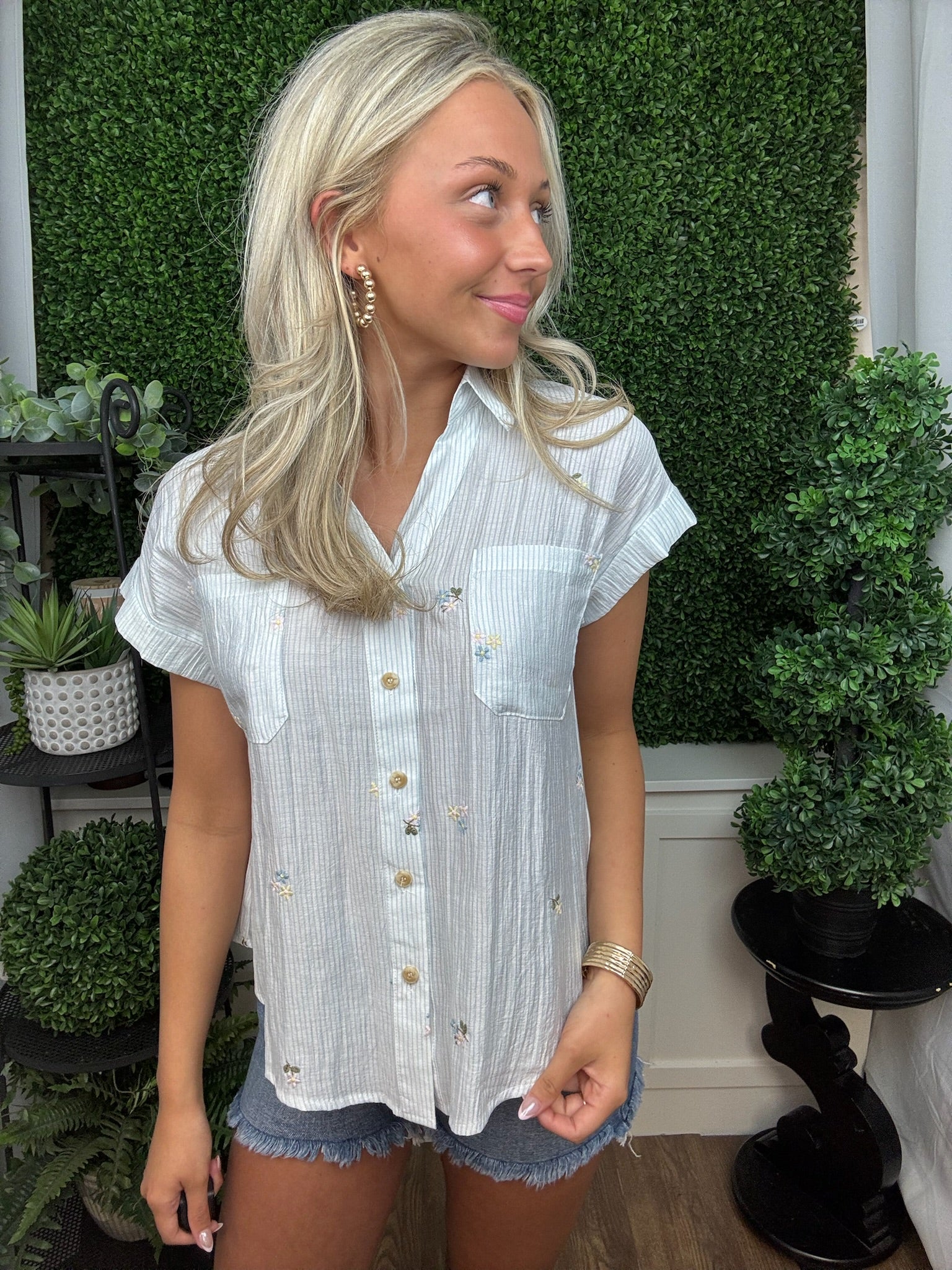 Light Blue Floral Embroidered Button-Up Blouse