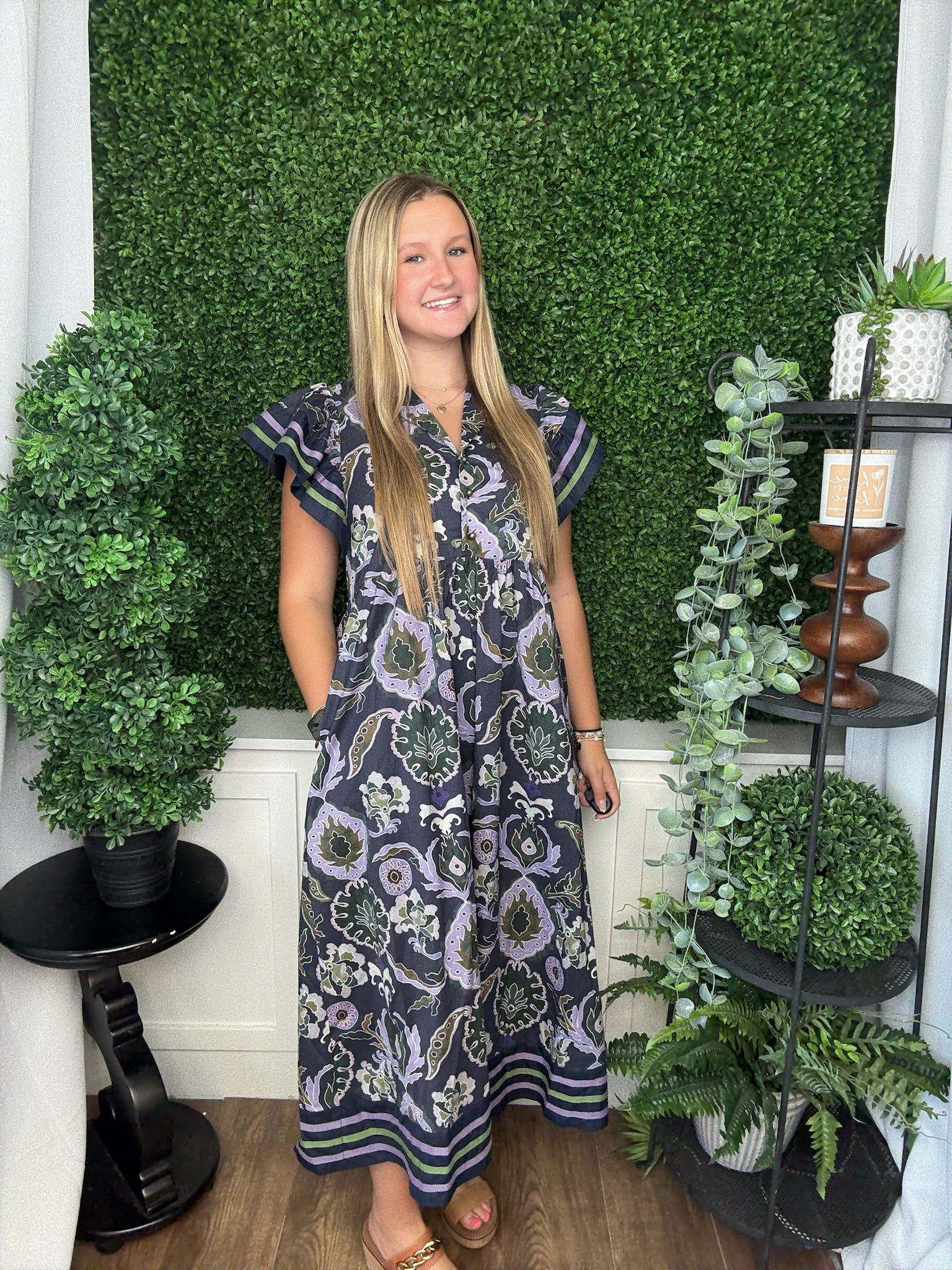 MULTI PRINT MIDI DRESS W/FLUTTER SLEEVES - NAVY