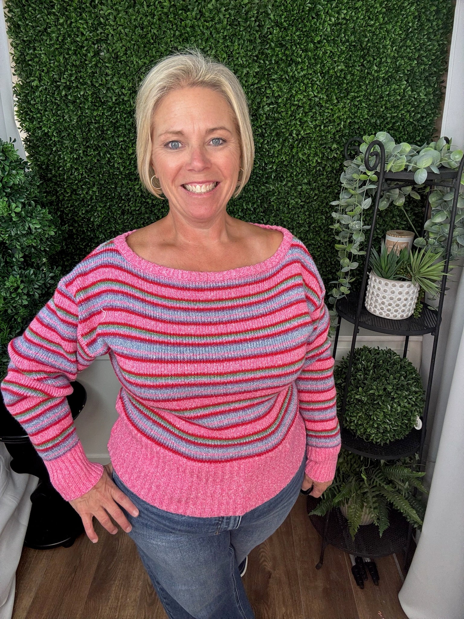 OFF SHOULDER STRIPE HIGH RIB SWEATER - PINK/RED