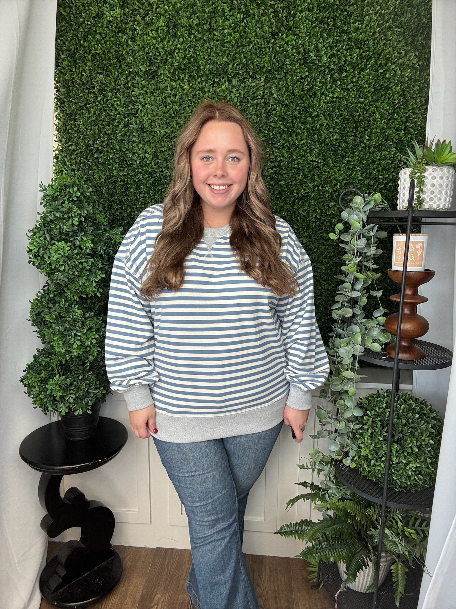 STRIPE COMFY CASUAL OVERSIZED KNIT TOP - DENIM/CREAM