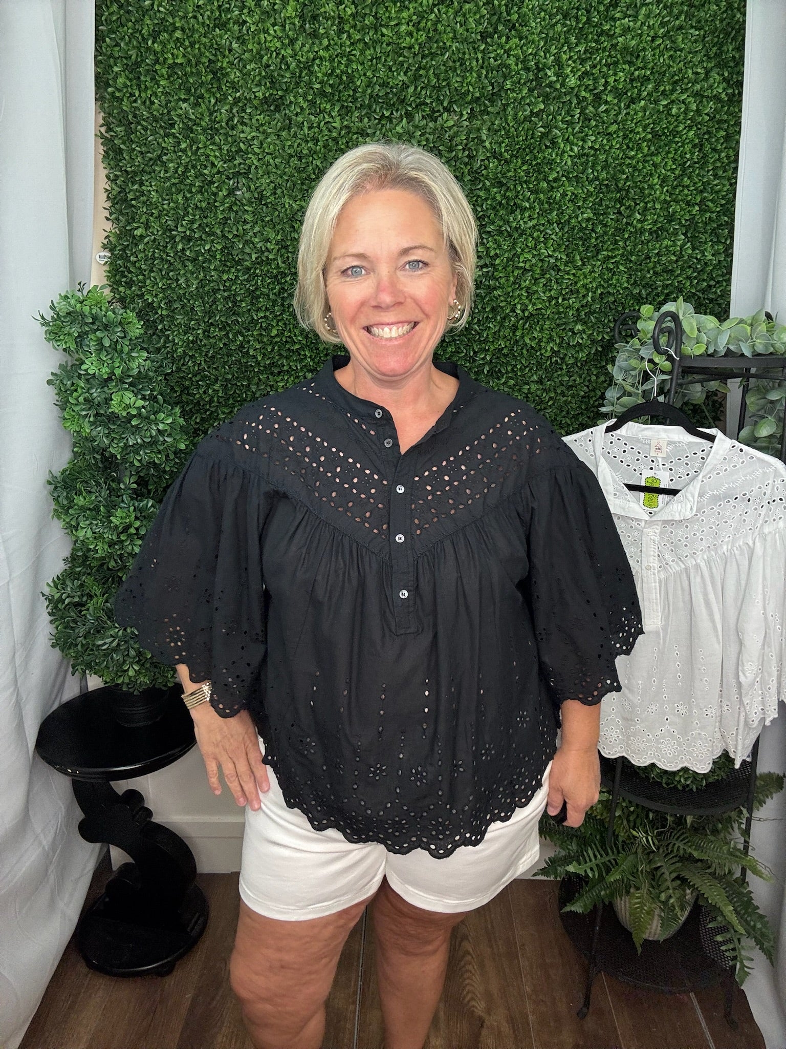 Relaxed Fit Scalloped Eyelet Embroidered Top
