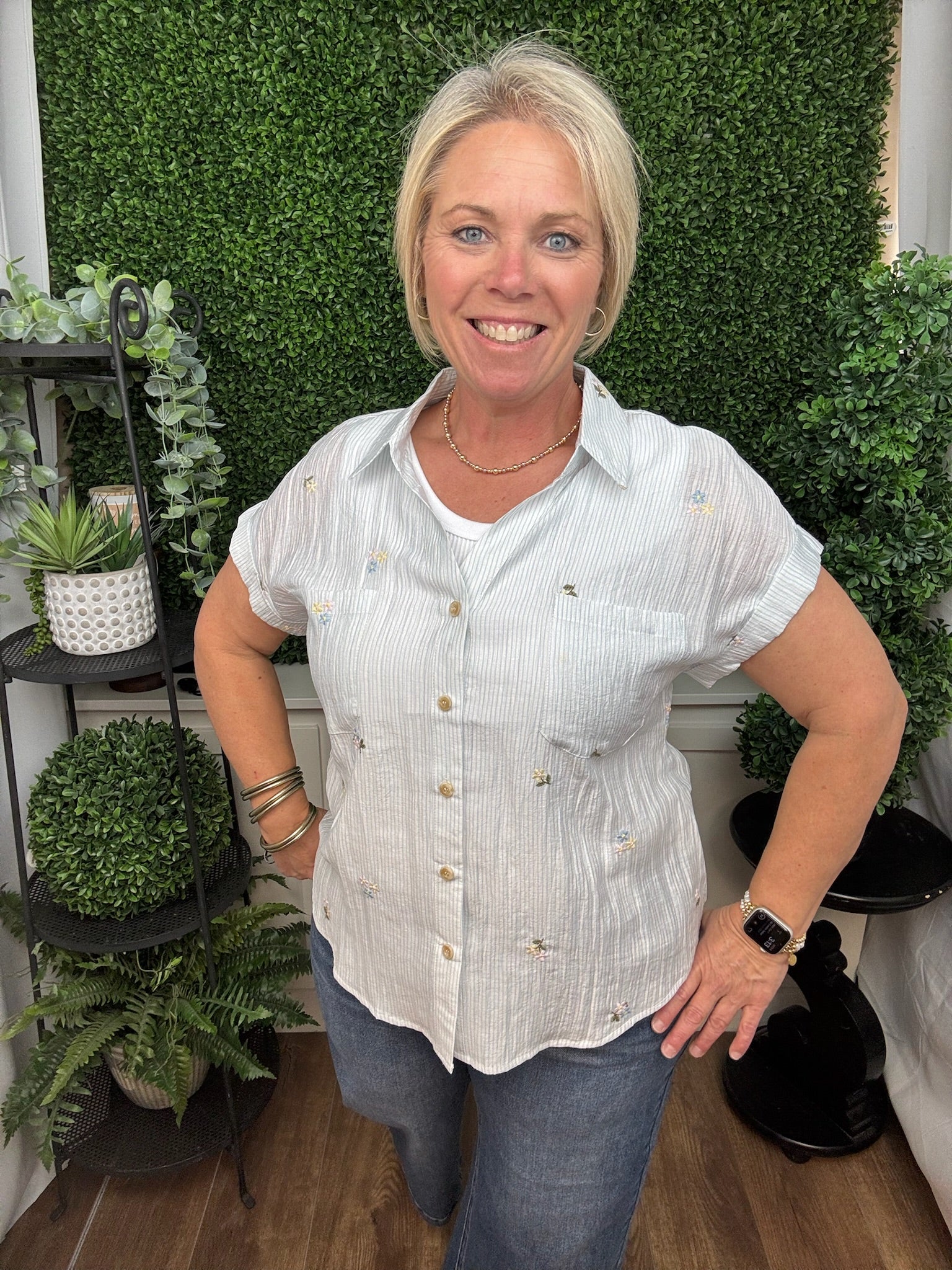 Light Blue Floral Embroidered Button-Up Blouse