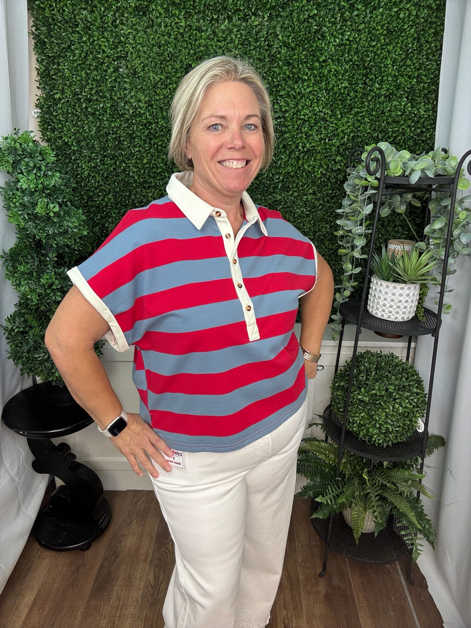 Striped Polo Knit Top with Contrast Collar