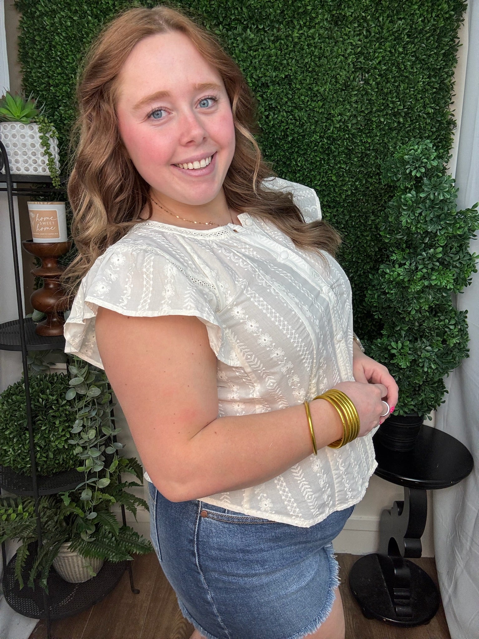 Ivory Lace Panel Flutter Sleeve Blouse